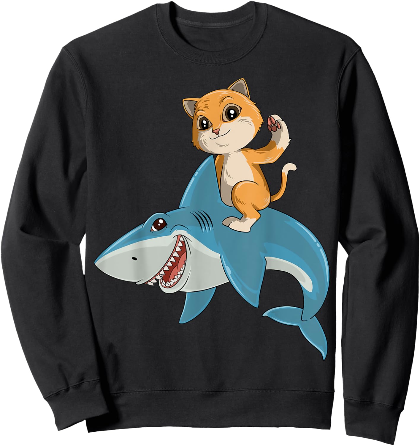 Cat Riding Shark Cat Lovers Shark Lovers Women Kids Sweatshirt - Sweatshirt | Black
