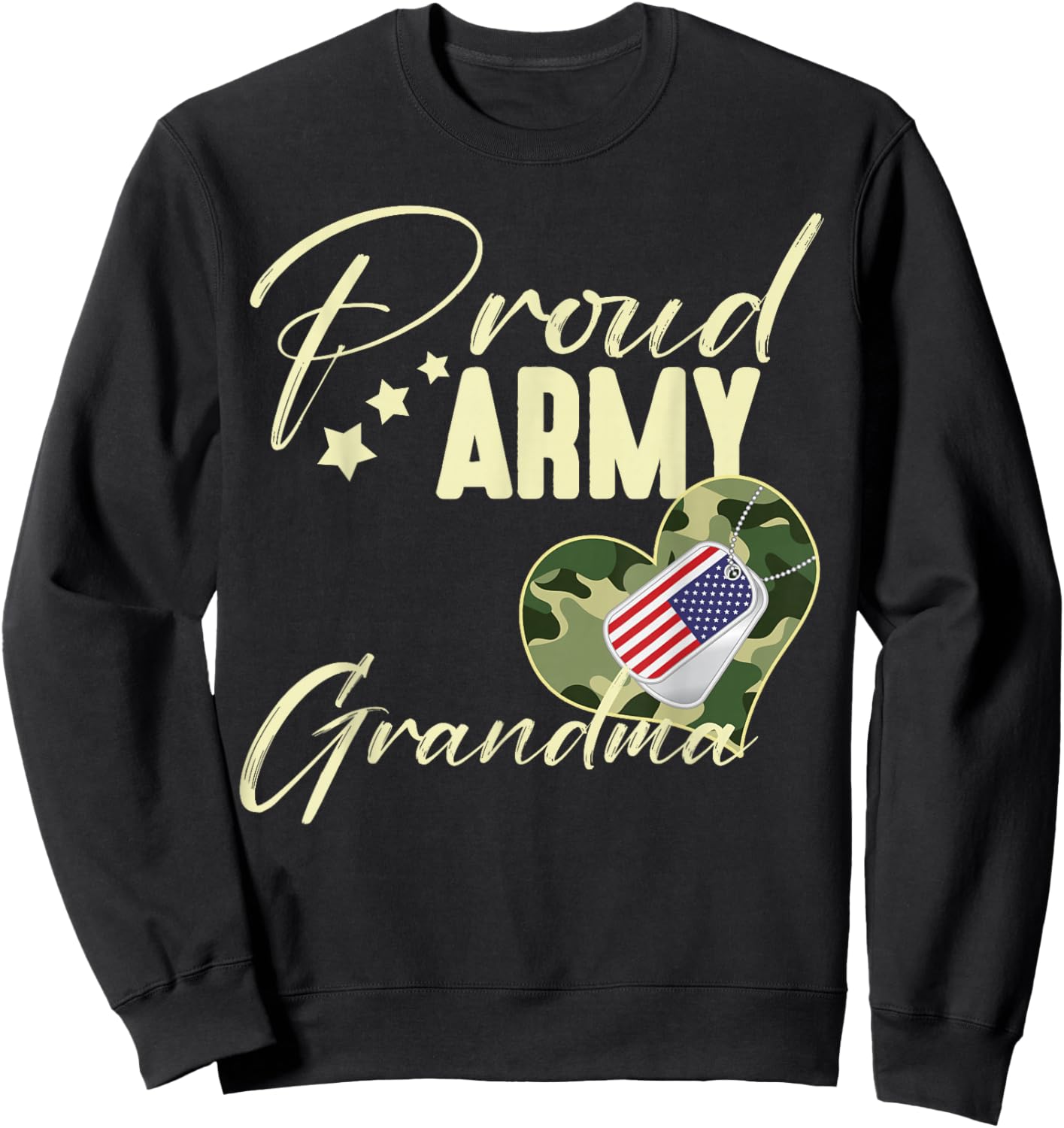 Proud Army Grandma Camouflage Dog Tag USA American Flag Sweatshirt - Sweatshirt | Black