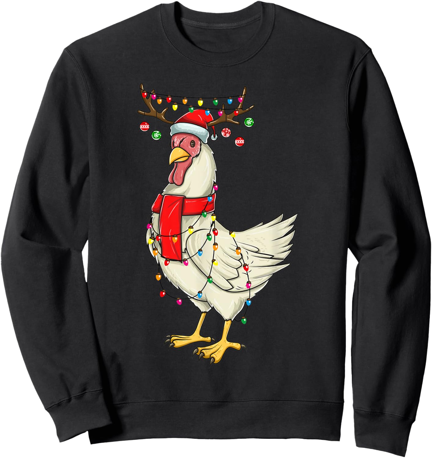 Christmas Chicken Holiday Lights with Antlers and Ornaments Sweatshirt - Sweatshirt | Black