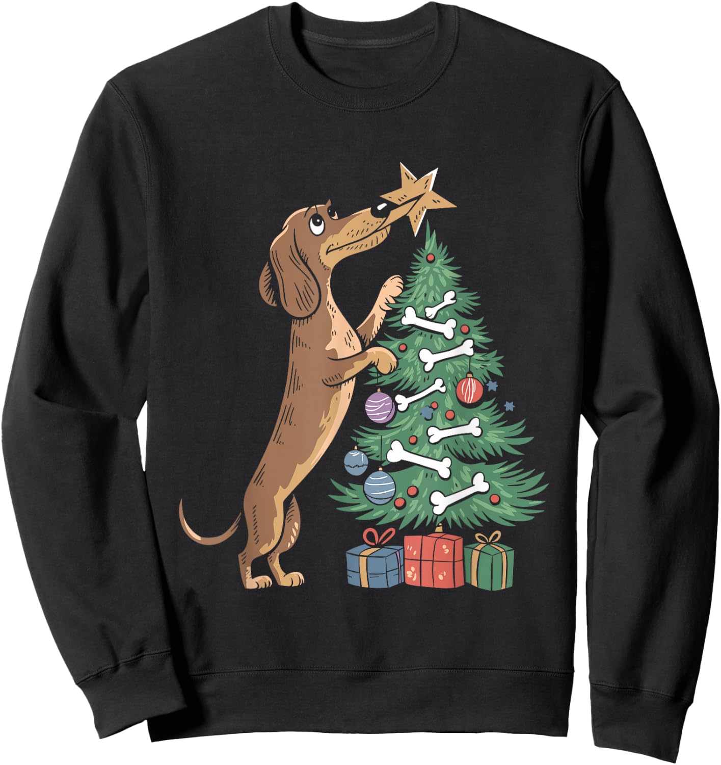 Dachshund Dog Christmas Tree Puppy Lover X-mas Holiday Sweatshirt - Sweatshirt | Black