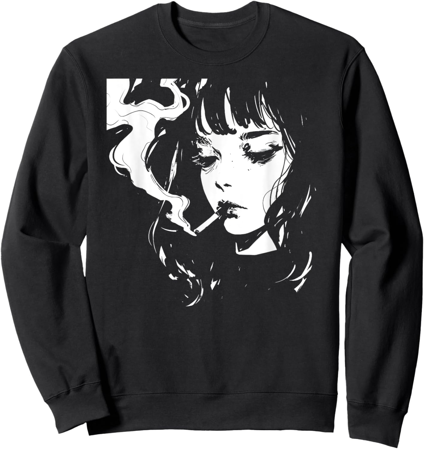 Soft Grunge Kawaii Anime Girl Smoking Waifu Otaku Japanese Sweatshirt - Sweatshirt | Black