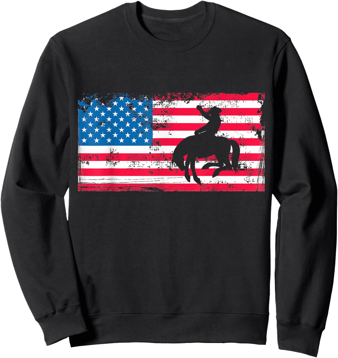 Retro American Flag Rodeo Bronc Horse Riding Cowboy Cowgirl Sweatshirt - Sweatshirt | Black