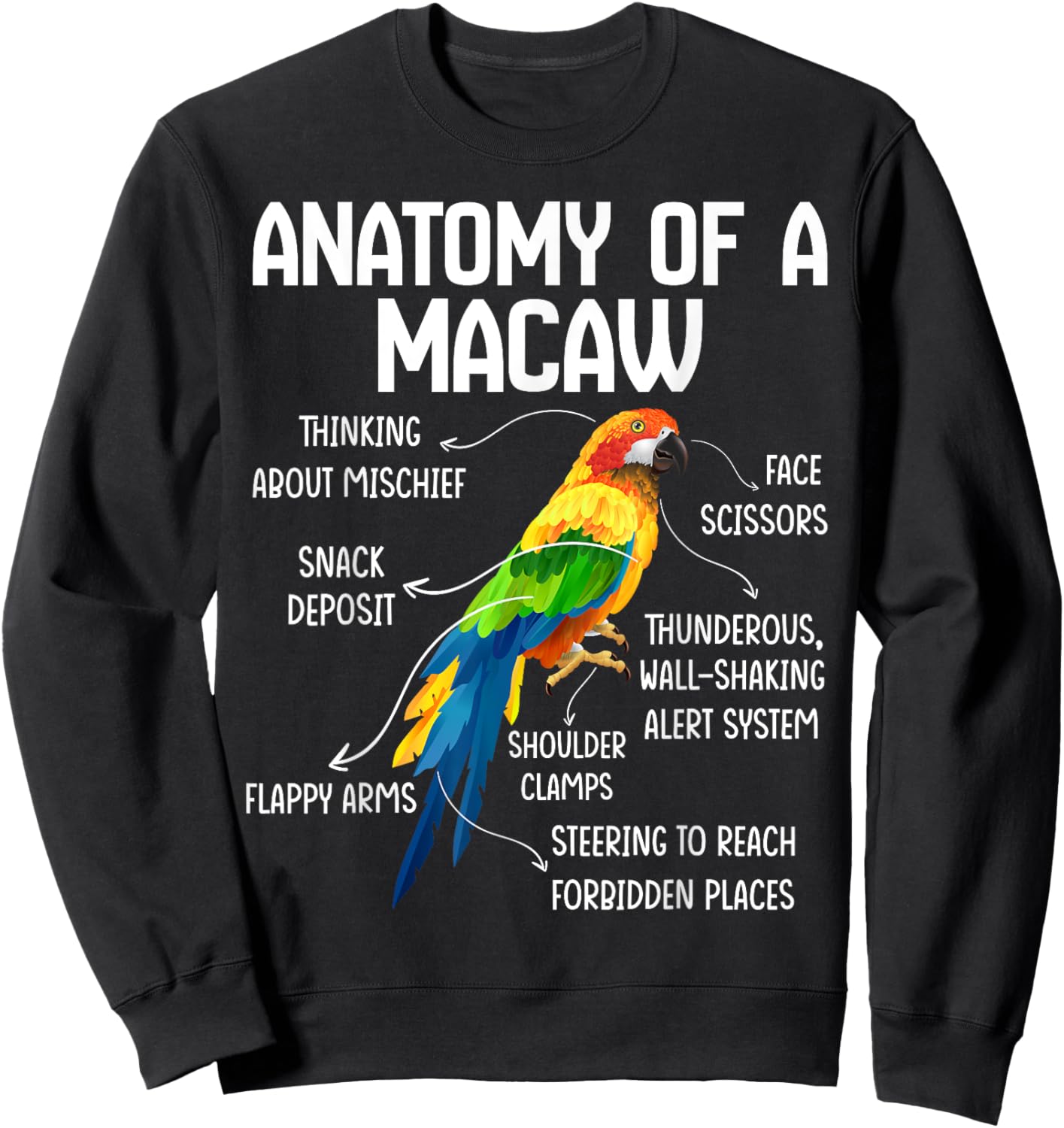 Anatomy of a Macaw Macaw Blue Yellow Hybrid Macaw Bird Sweatshirt - Sweatshirt | Black
