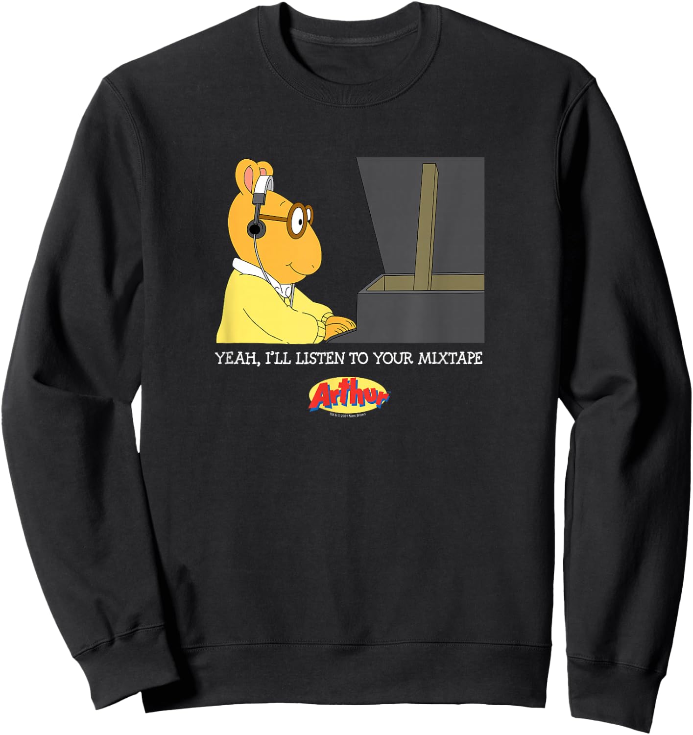 Arthur Adults Black Cartoon , Small, Short Sleeve, , Modern Lightweight, Music, Dance, Casual Sweatshirt - Sweatshirt | Black