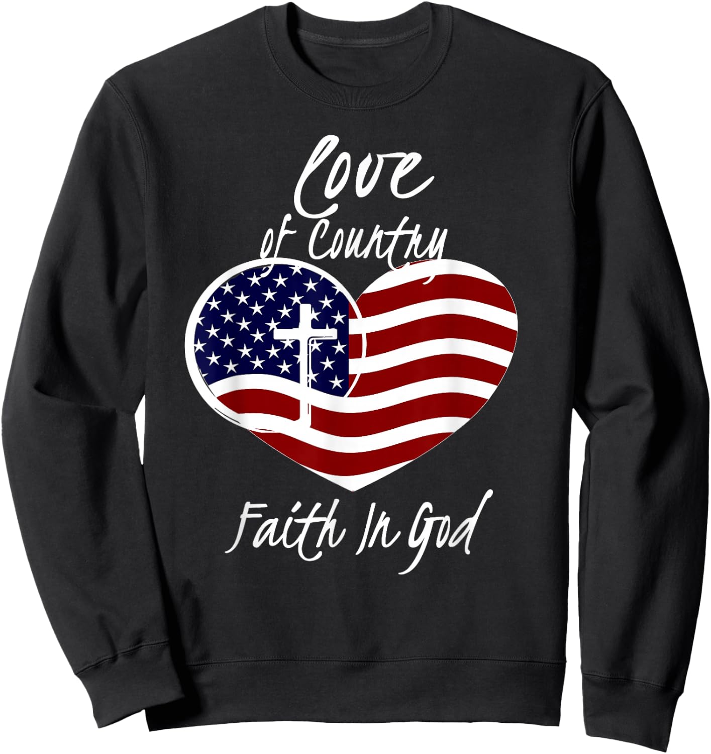 Patriotic Christian Faith in God Heart Cross American Flag Small Sweatshirt - Sweatshirt | Black