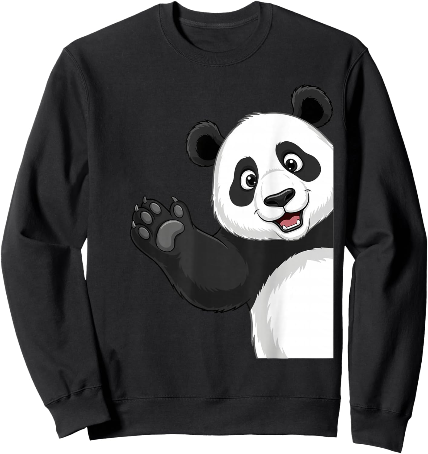 Kawaii Panda Waving Hand Cute Smiling Panda Sweatshirt - Sweatshirt | Black