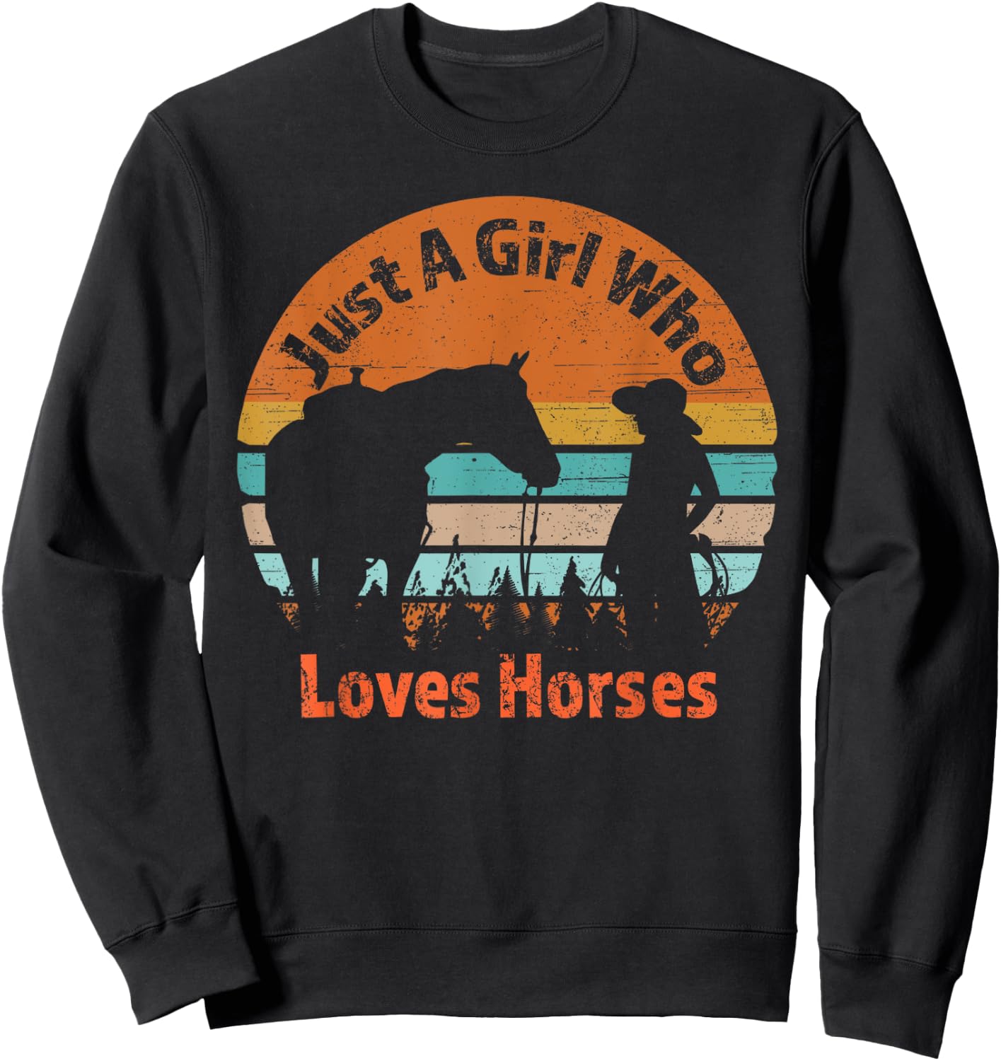 Just A Girl Who Loves Her Horse Retro Sunset Silhouette Gift Sweatshirt - Sweatshirt | Black