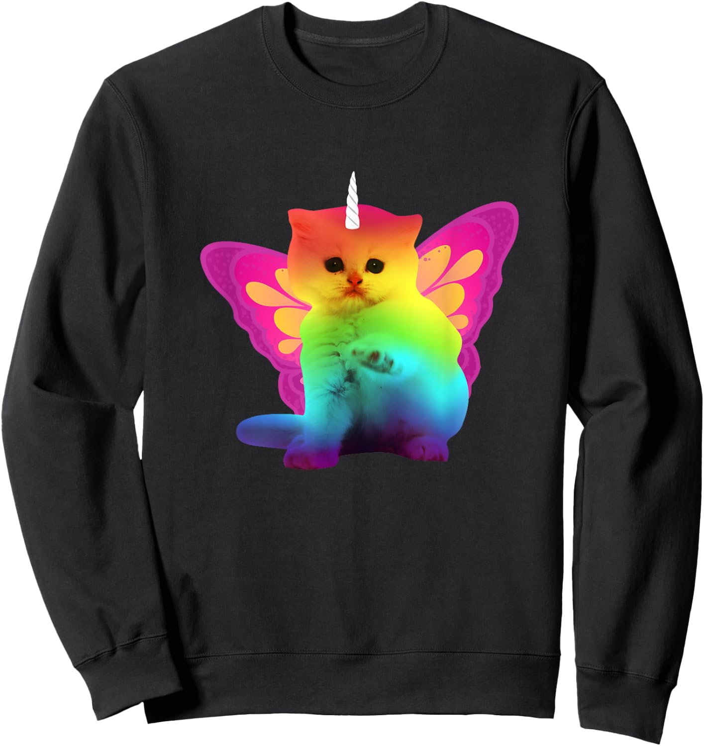 Unicorn Cat With Rainbow Butterfly Wings Men Women Girls Kids Sweatshirt - Sweatshirt | Black