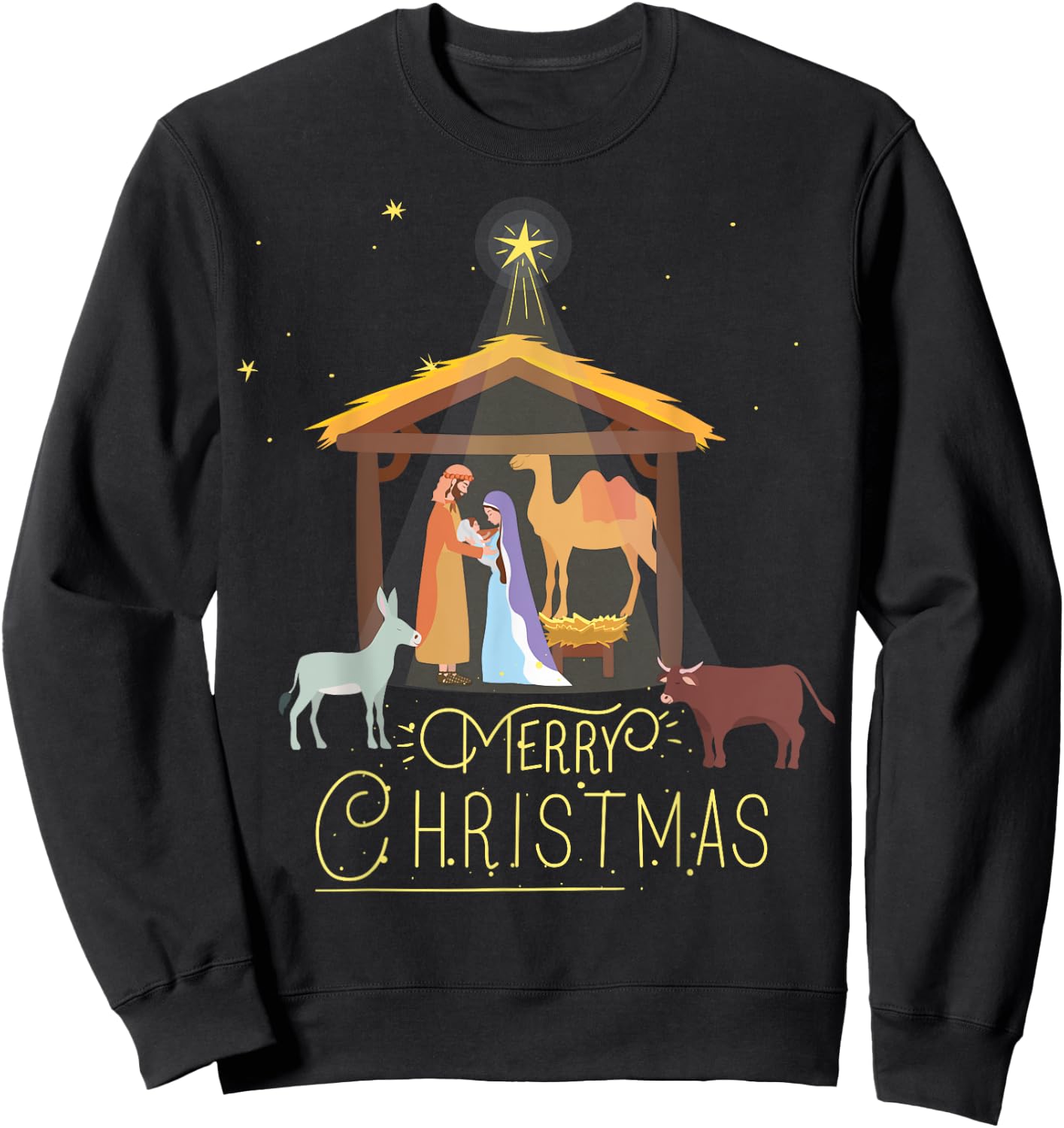 Merry Christmas - Nativity Scene North Star - Baby Jesus Short Sleeve Sweatshirt - Sweatshirt | Black