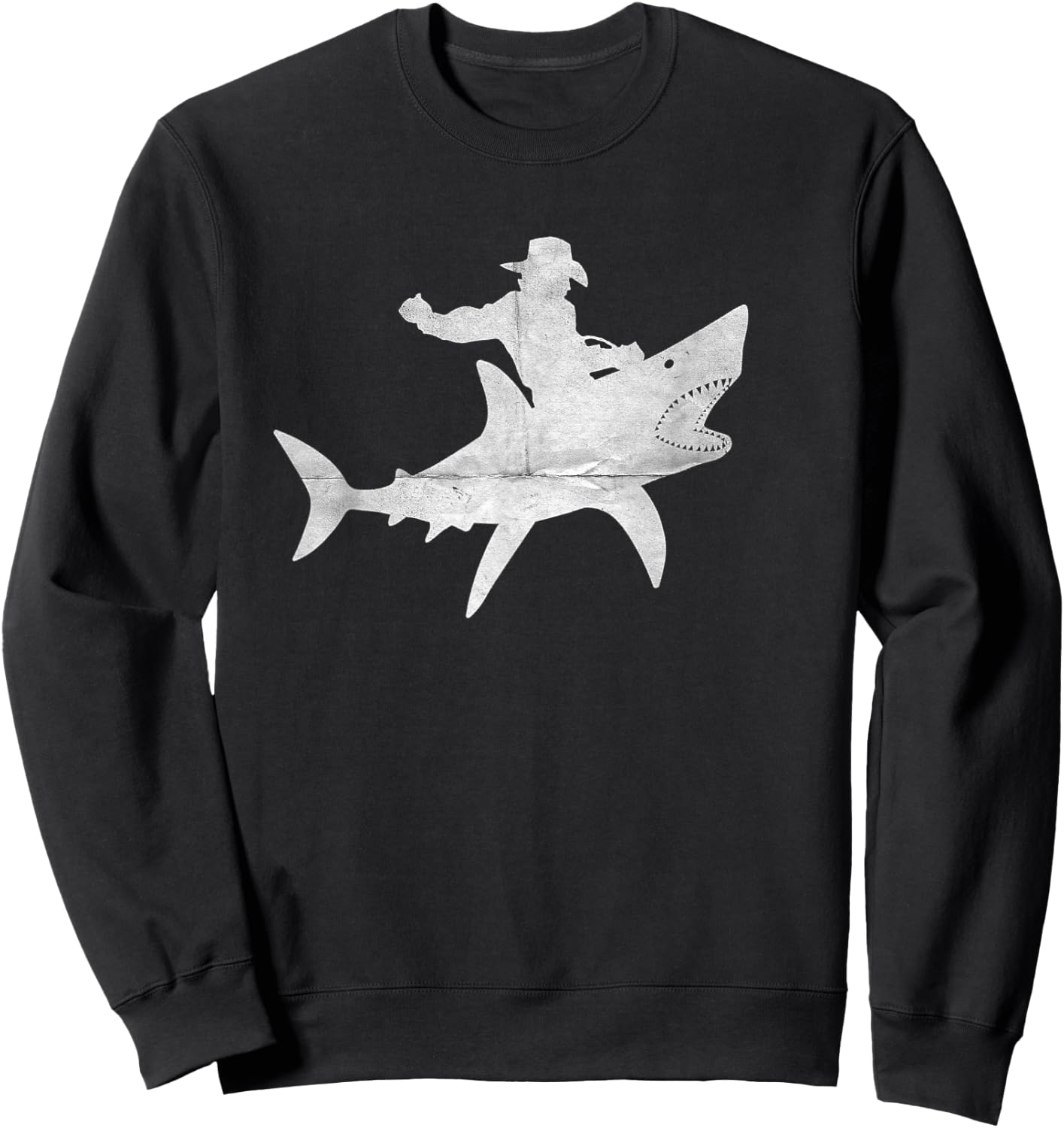 Cowboy Riding a Shark Distressed Sweatshirt - Sweatshirt | Black