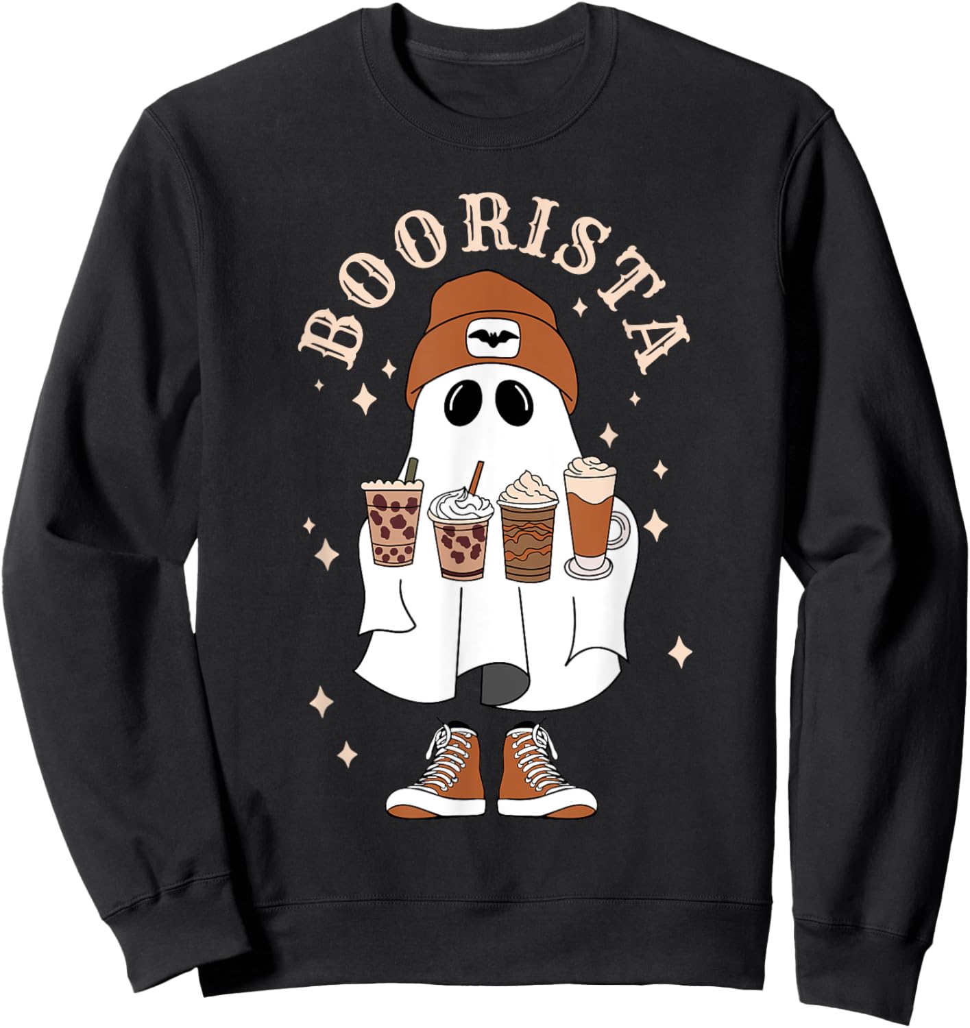 Boorista Ghost With Coffee Halloween Cute Ghost Latte Coffee Sweatshirt - Sweatshirt | Black
