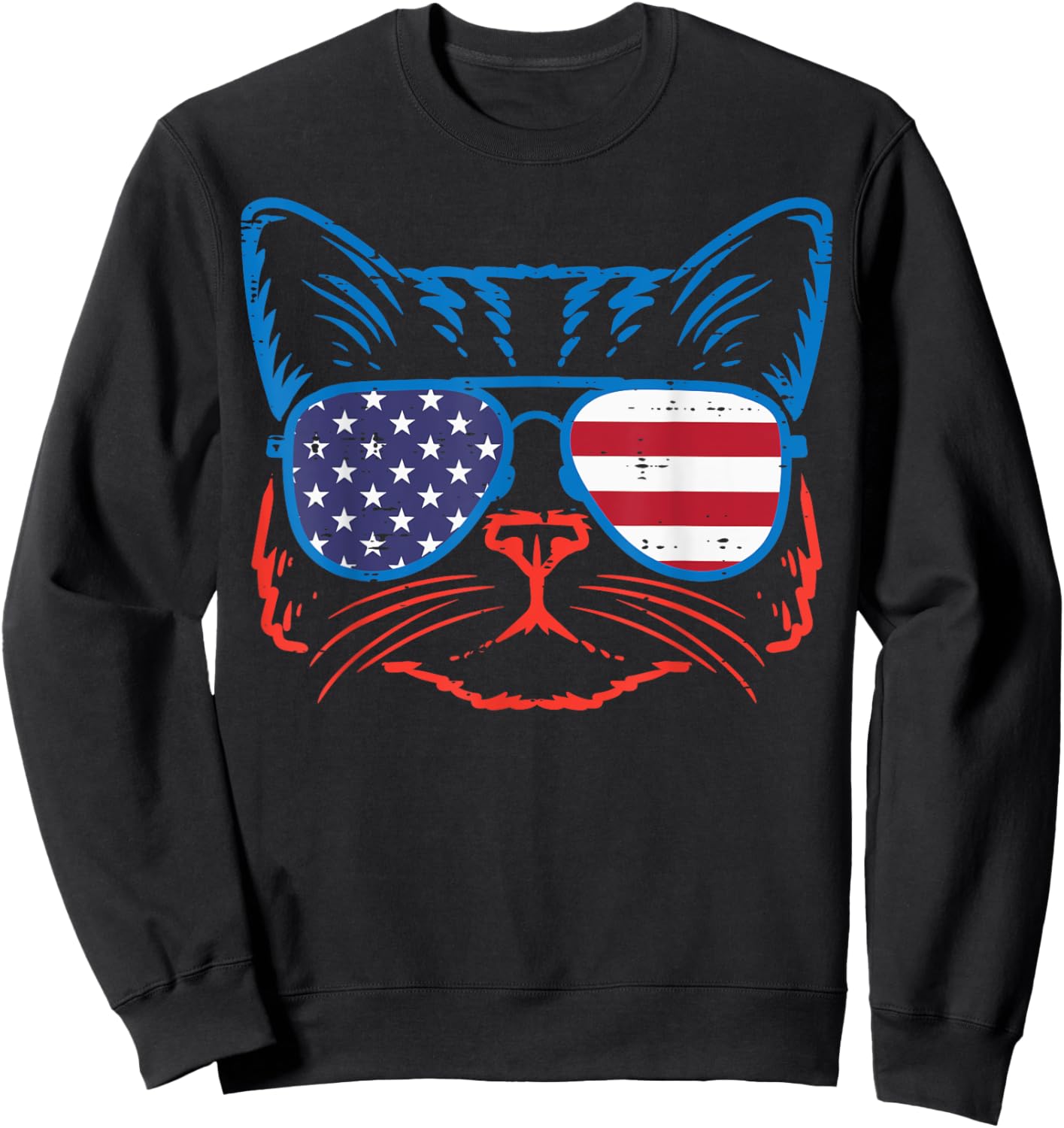 4th July Cat US Flag Sunglasses Patriot Women Girls Kids Men Sweatshirt - Sweatshirt | Black