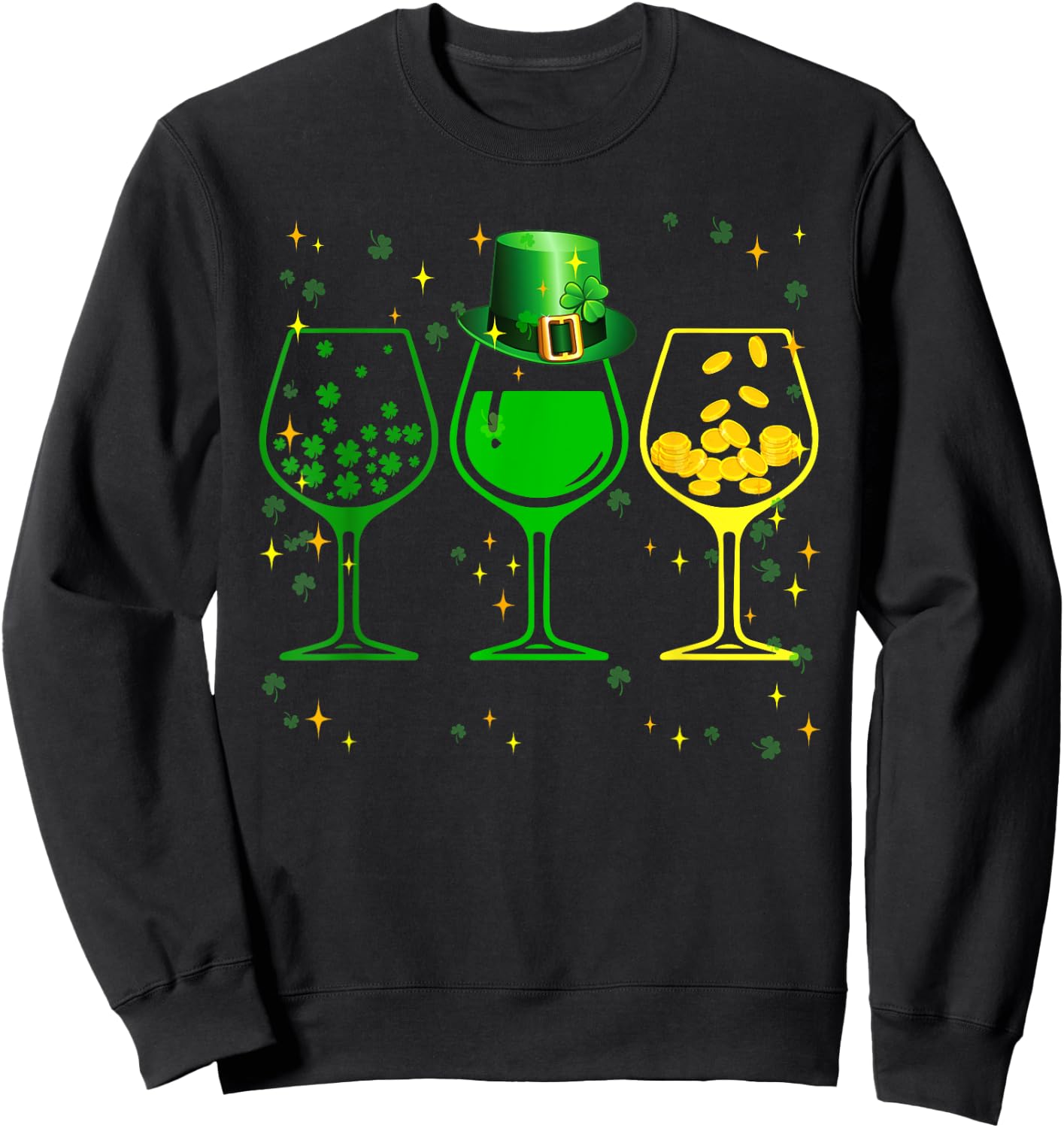 Three Wine Glasses Clover Shamrock St Patrick day Irish gift Sweatshirt - Sweatshirt | Black