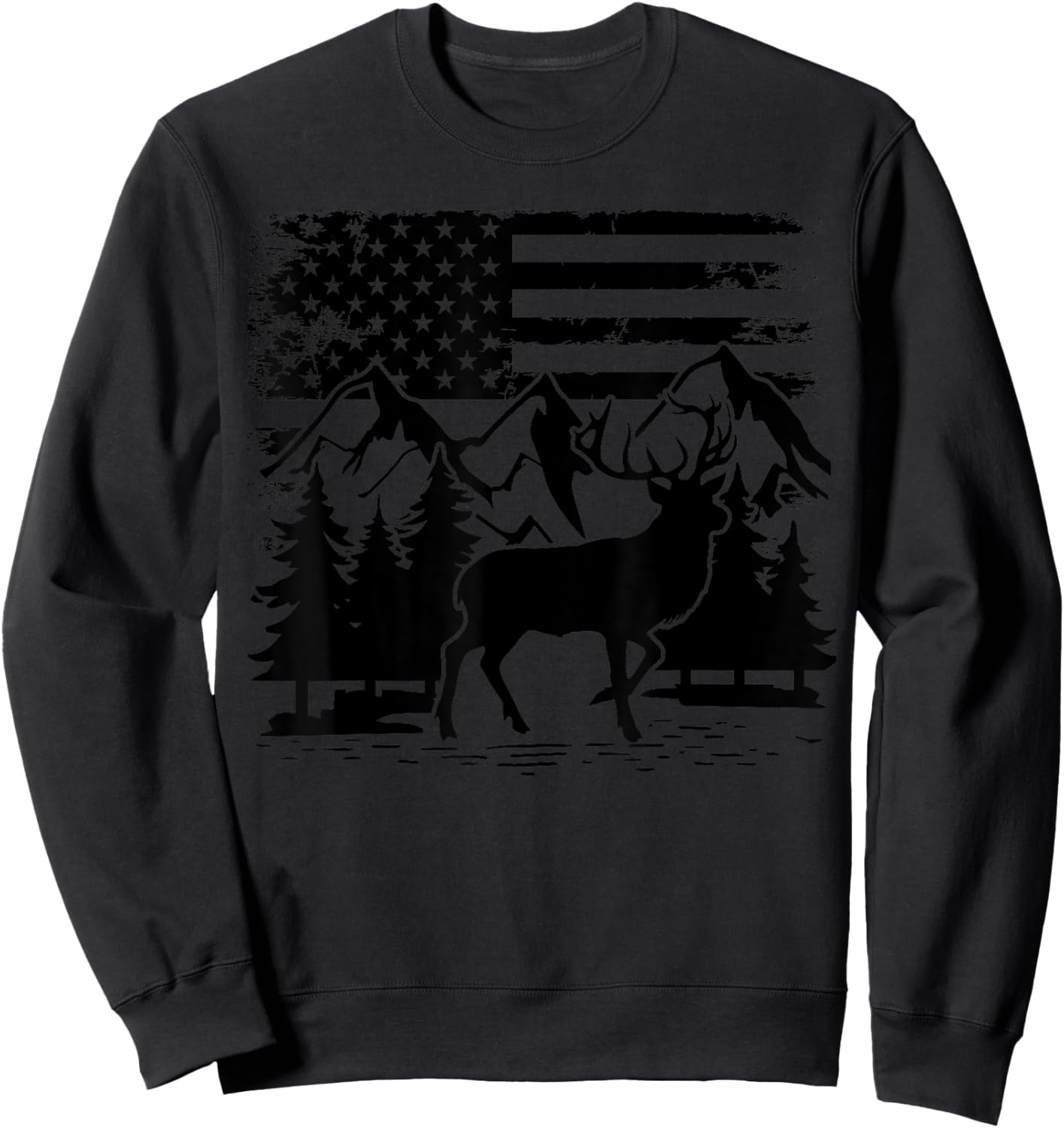 Camo US Flag Deer Elk Buck Camoflage Hunting Hunter Dad Sweatshirt - Sweatshirt | Black