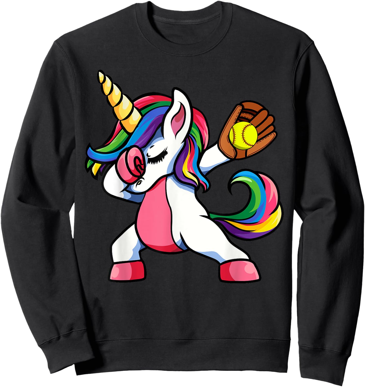 Girls Funny Dabbing Softball Unicorn Apparel Kids Dab Sweatshirt - Sweatshirt | Black