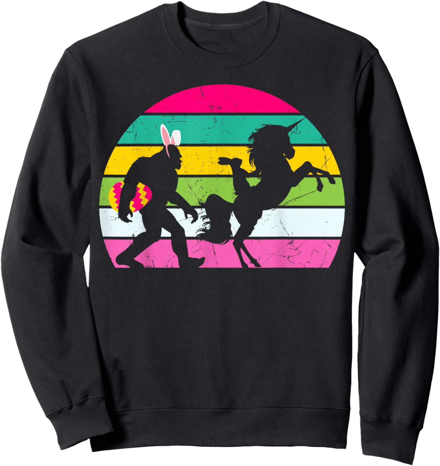 Bigfoot Unicorn Easter Bunny Retro Colorful Sunset Funny Sweatshirt - Sweatshirt | Black