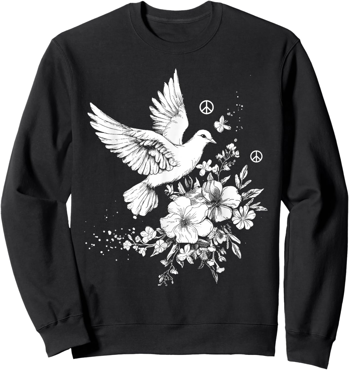 Dove White Pigeon Bird Vintage Peace Sign Flowers Sweatshirt - Sweatshirt | Black
