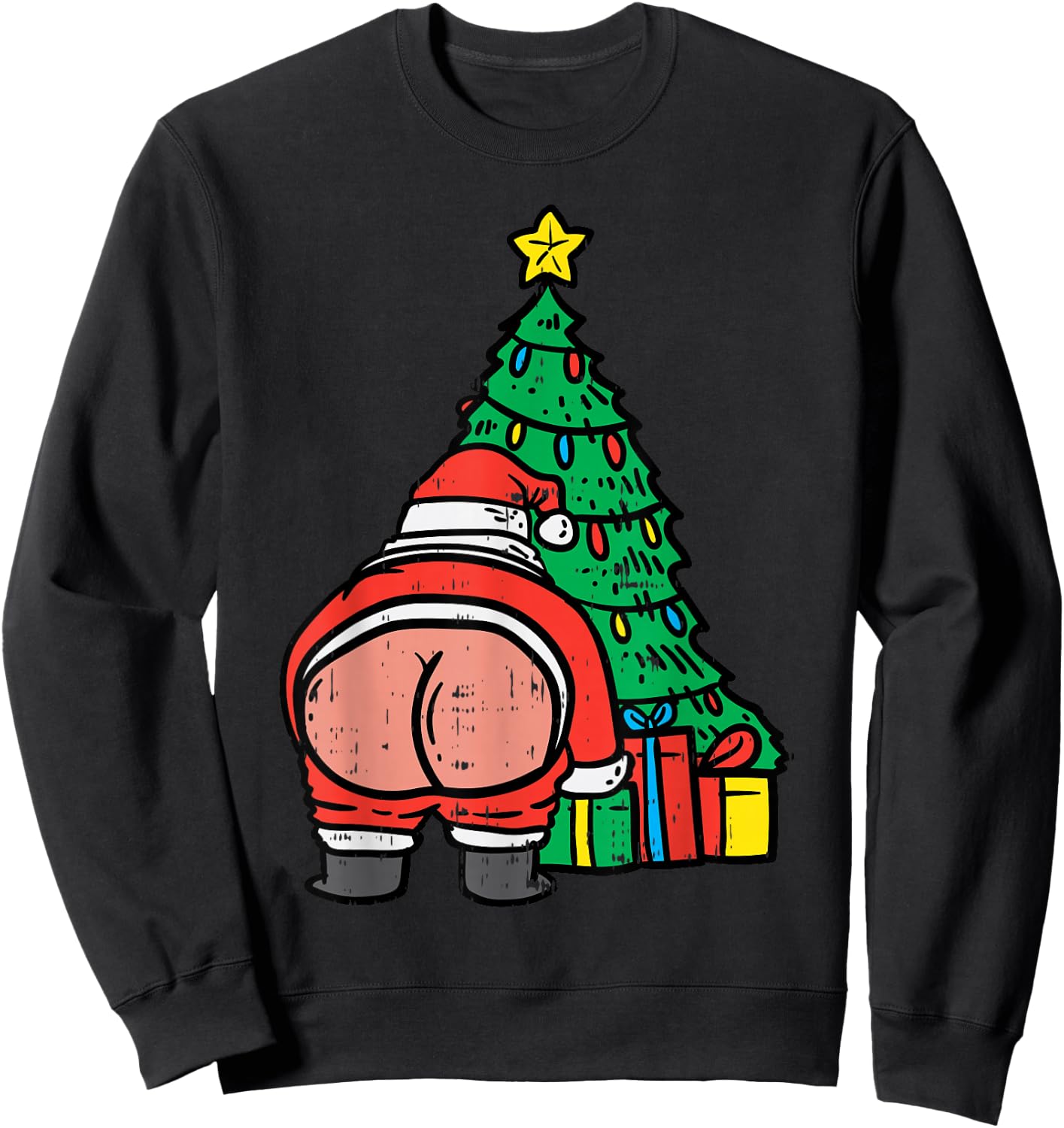 Santa Butt Christmas Tree Presents Funny Xmas Holiday PJ Sweatshirt - Sweatshirt | Black