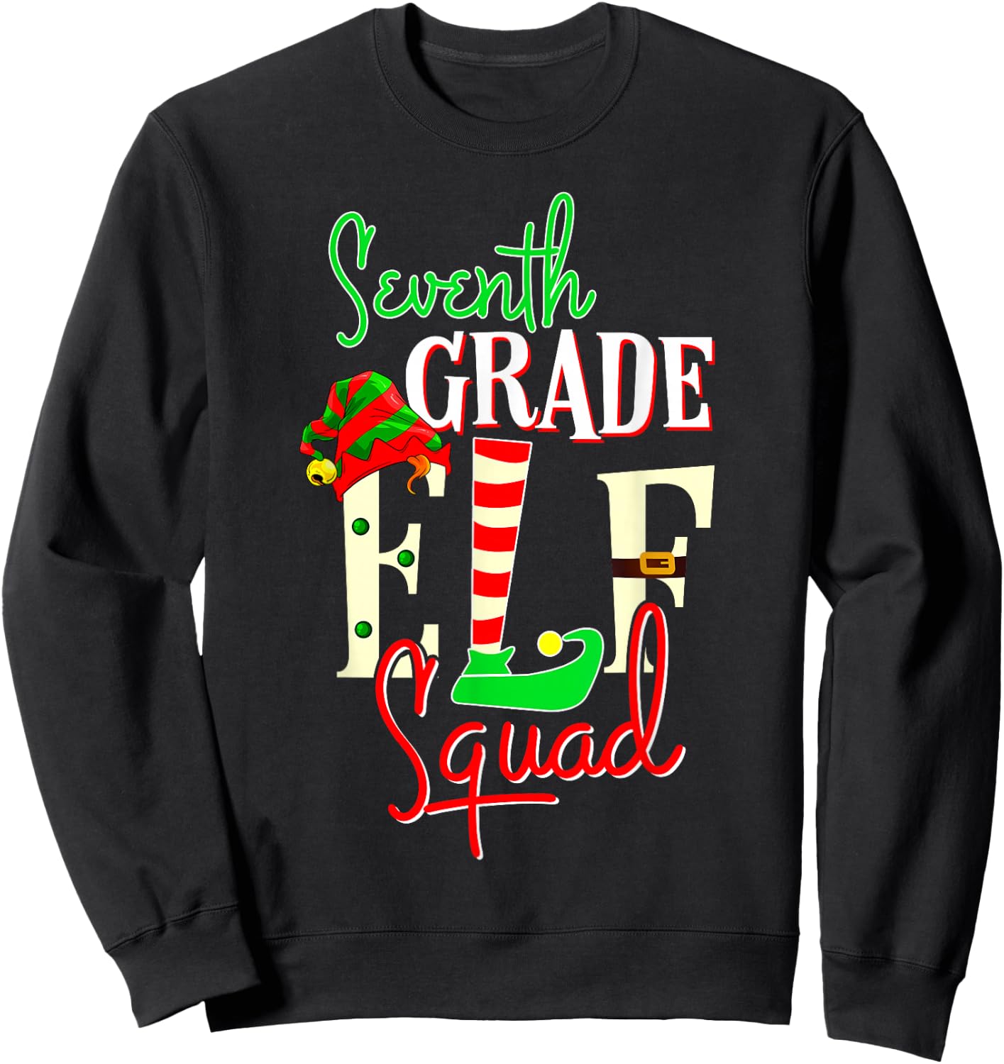 Seventh Grade Elf Squad Christmas Gift 7th Teacher Men Women Kids Sweatshirt - Sweatshirt | Black