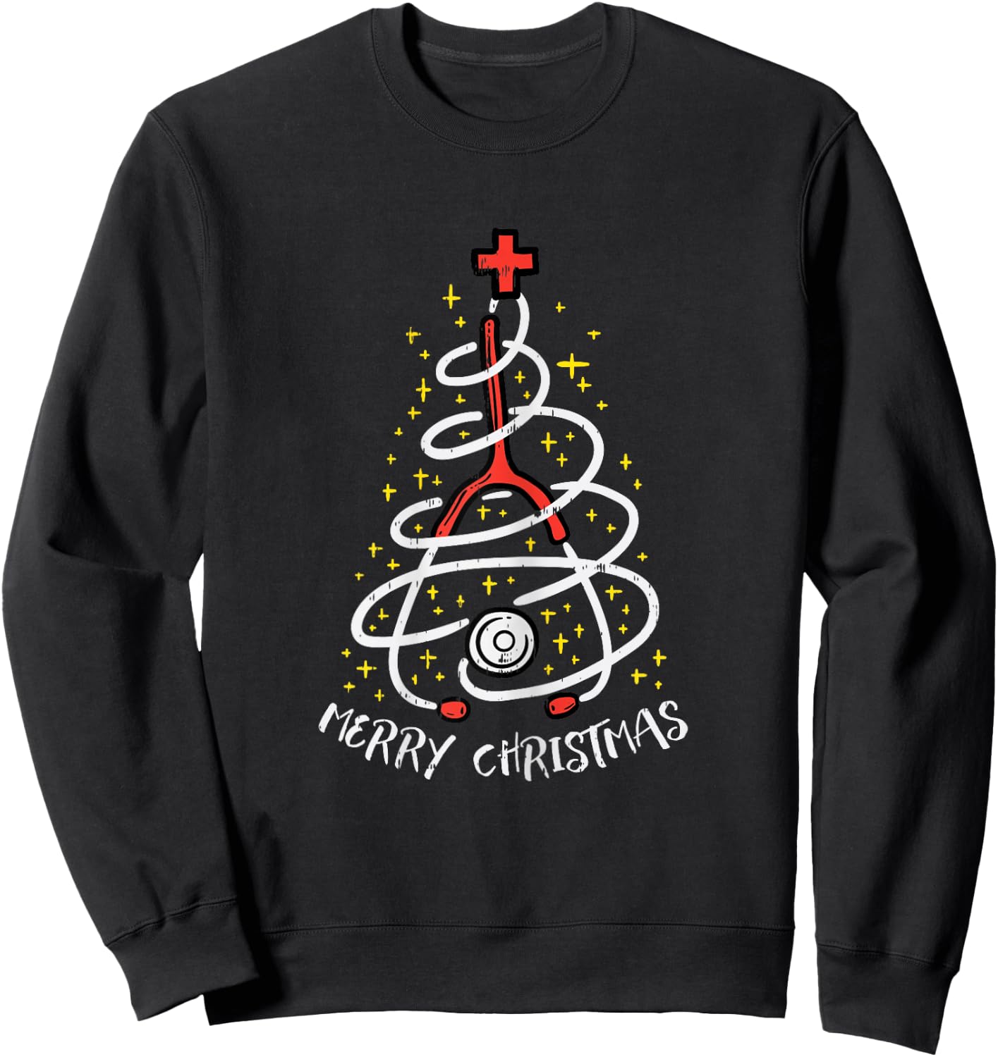 Merry Christmas Nurse Xmas Scrub Top Women Stethoscope Sweatshirt - Sweatshirt | Black