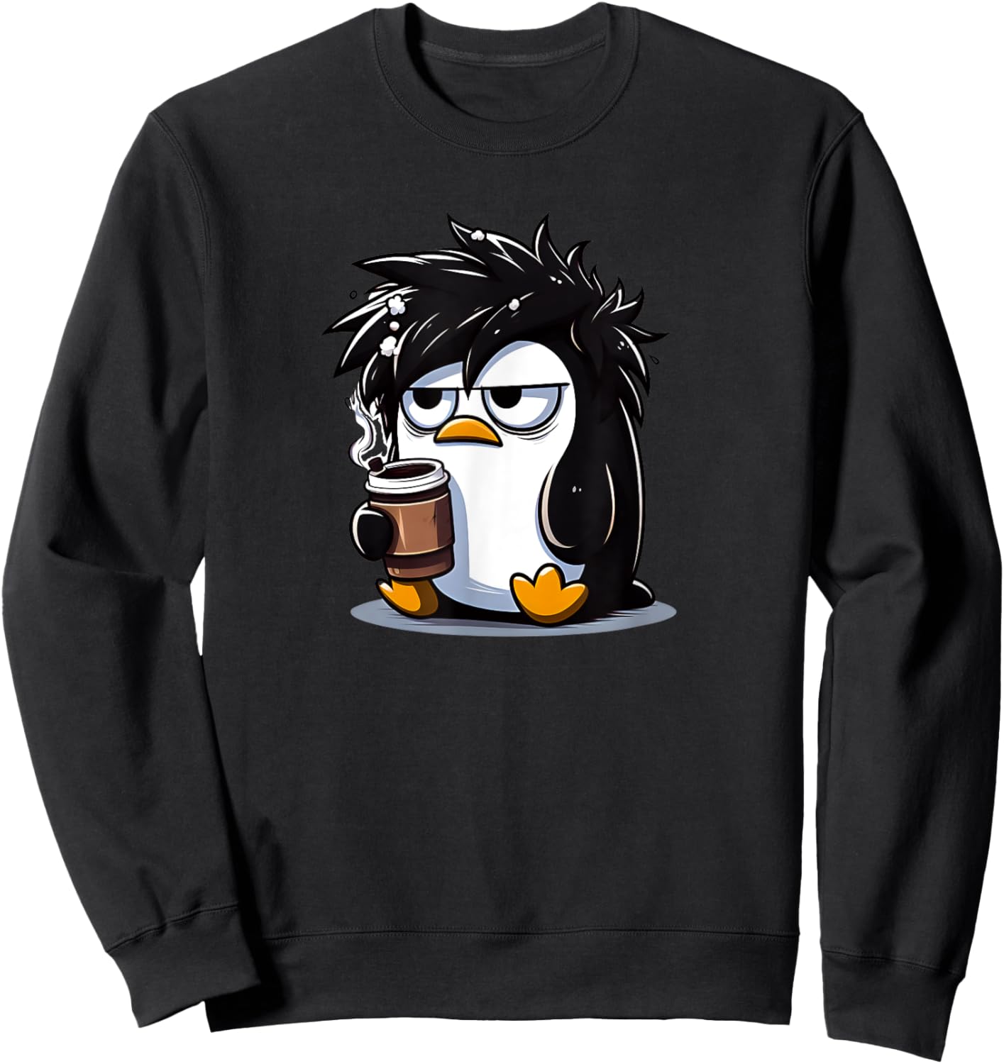 Funny Linux Tux Penguin Coffee Cartoon Grumpy Stressed Sweatshirt - Sweatshirt | Black