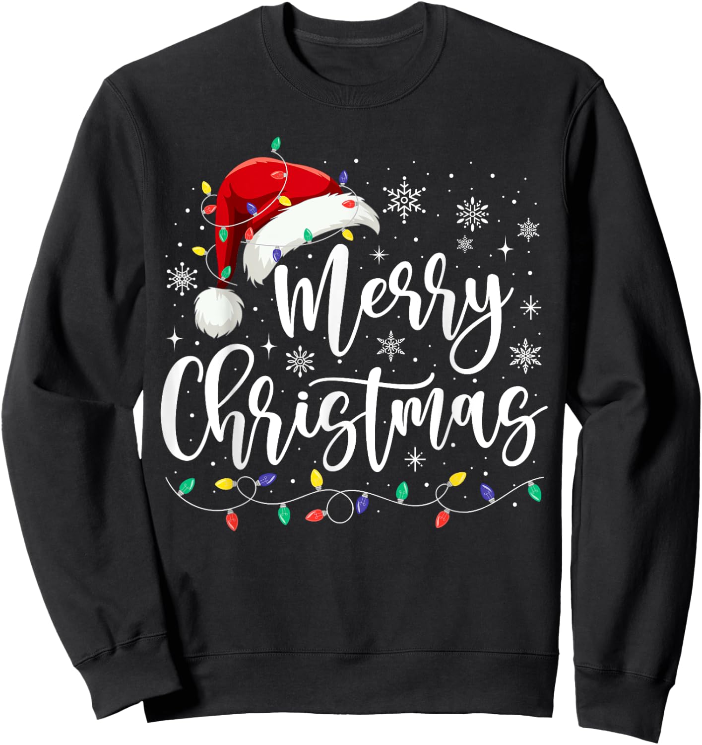 Merry Christmas Lights Red Santa Hat Xmas Family Men Women Sweatshirt - Sweatshirt | Black