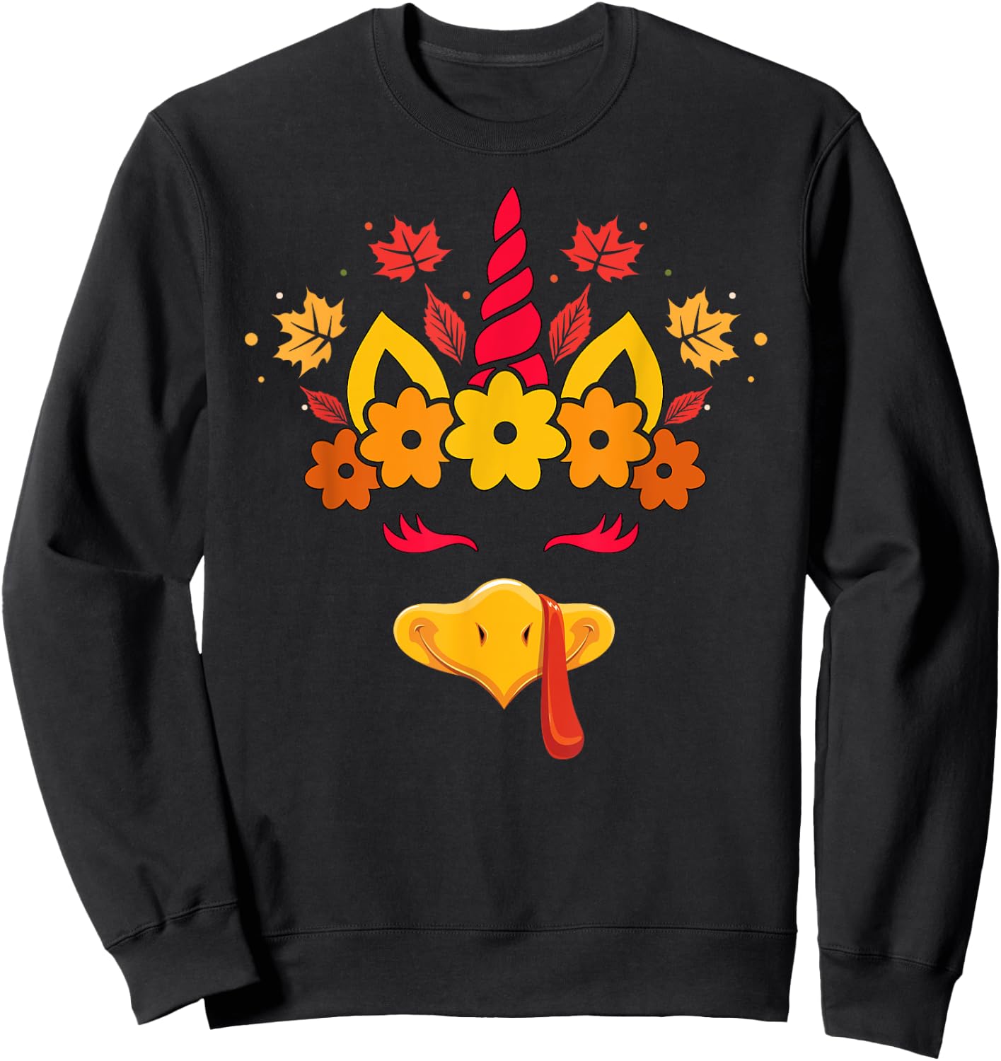 Funny Turkey Unicorn Face Girls Cute Thanksgiving Kids Sweatshirt - Sweatshirt | Black