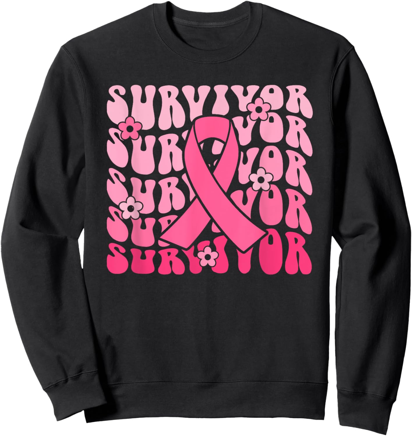 Groovy Pink Ribbon Breast Cancer Awareness Month Survivor Sweatshirt - Sweatshirt | Black