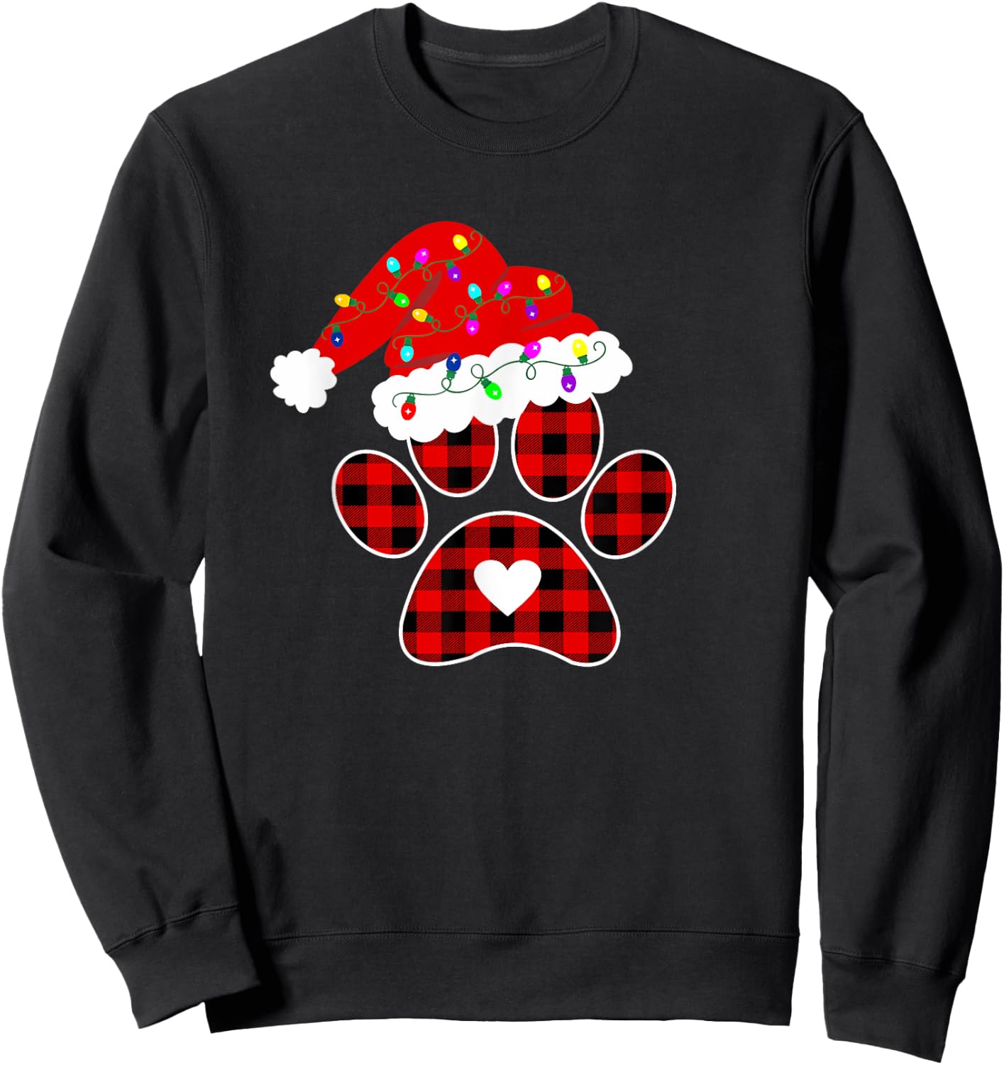 Buffalo Plaid Christmas Paw Dog with Santa hat & Lights Men Women Kids Sweatshirt - Sweatshirt | Black