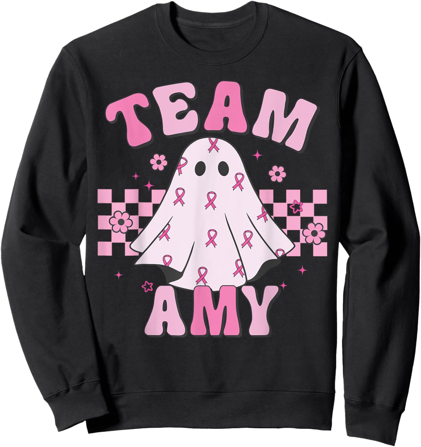 Team Amy, Breast Cancer Awareness Halloween Groovy Ghost Sweatshirt - Sweatshirt | Black