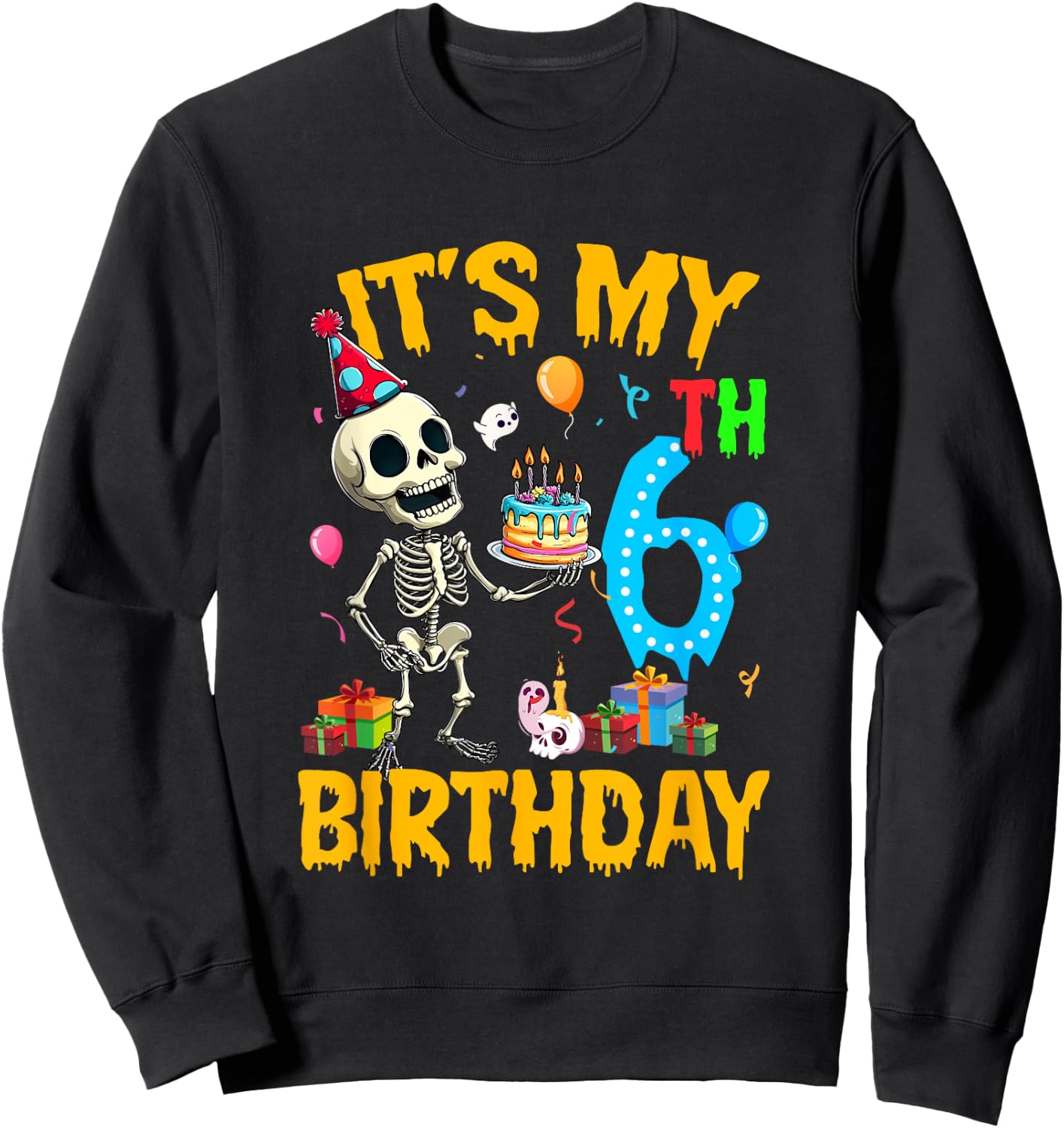 It's My 6Th Birthday Party Halloween Skeleton Birthday Kids Sweatshirt - Sweatshirt | Black