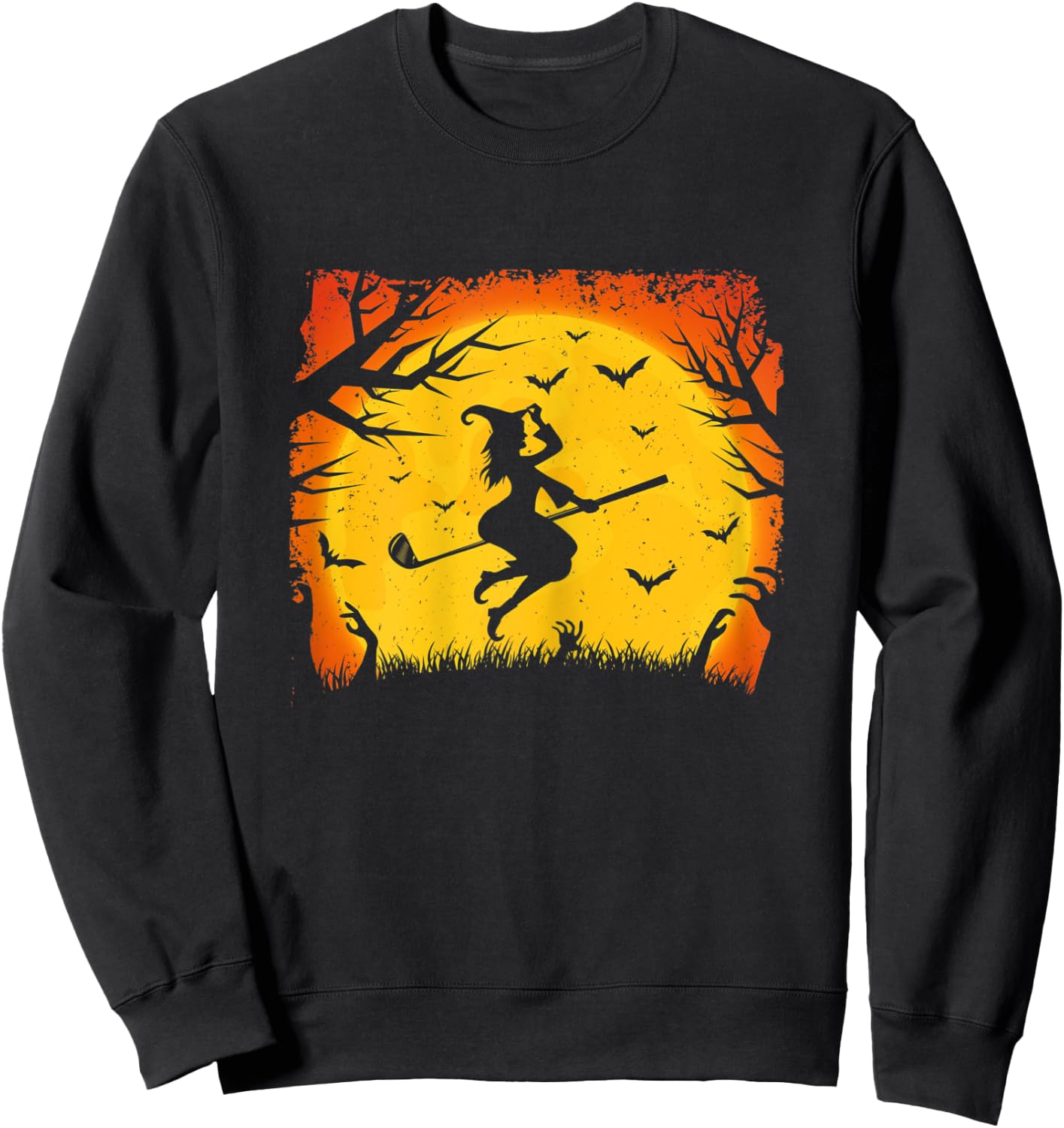 Golf Witch Riding Golf Stick Funny Halloween Golf Player Sweatshirt - Sweatshirt | Black