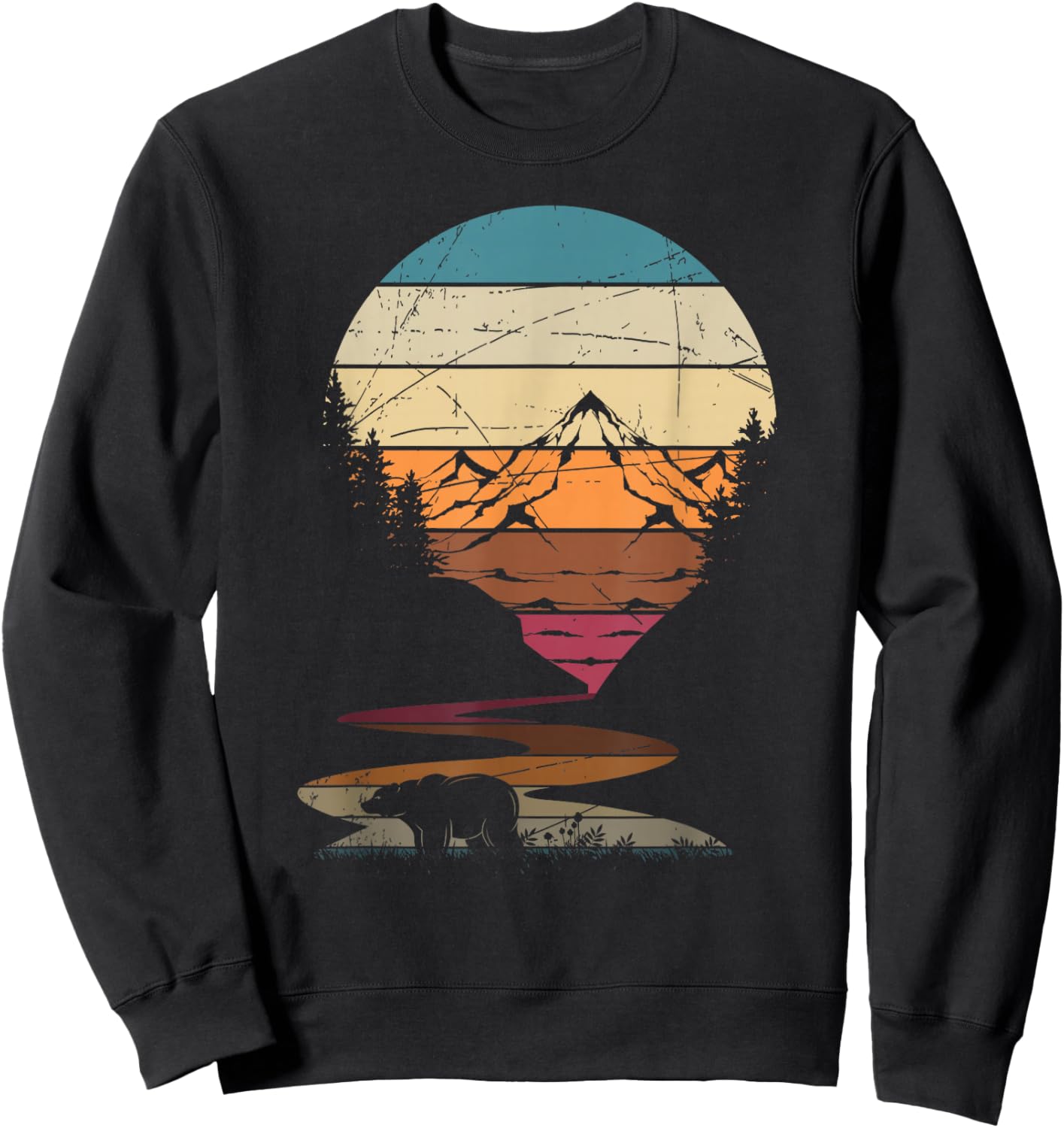 Retro Outdoor Nature Trees Bear Mountains Forest Hiking Sweatshirt - Sweatshirt | Black