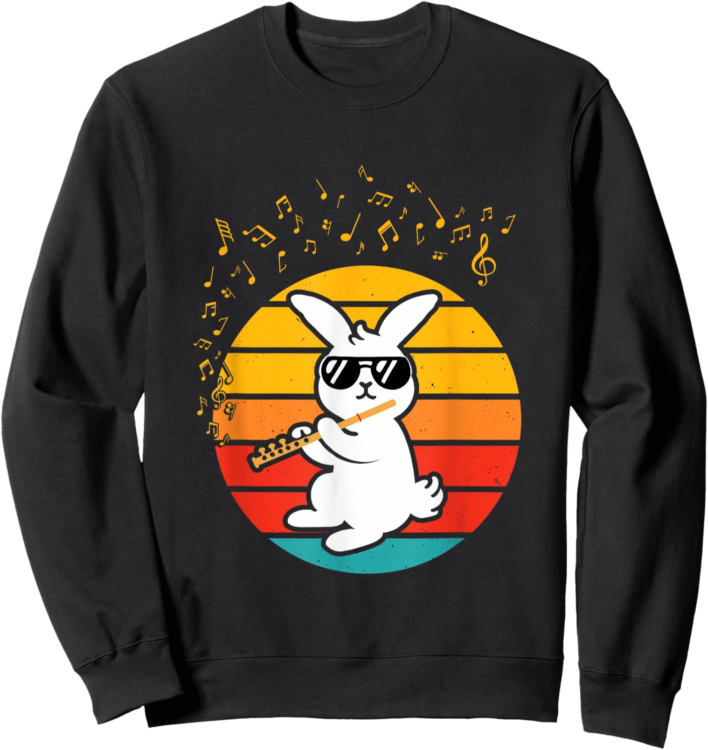 Cool Bunny with Flute - Music Lover Retro Rabbit Flute Sweatshirt - Sweatshirt | Black