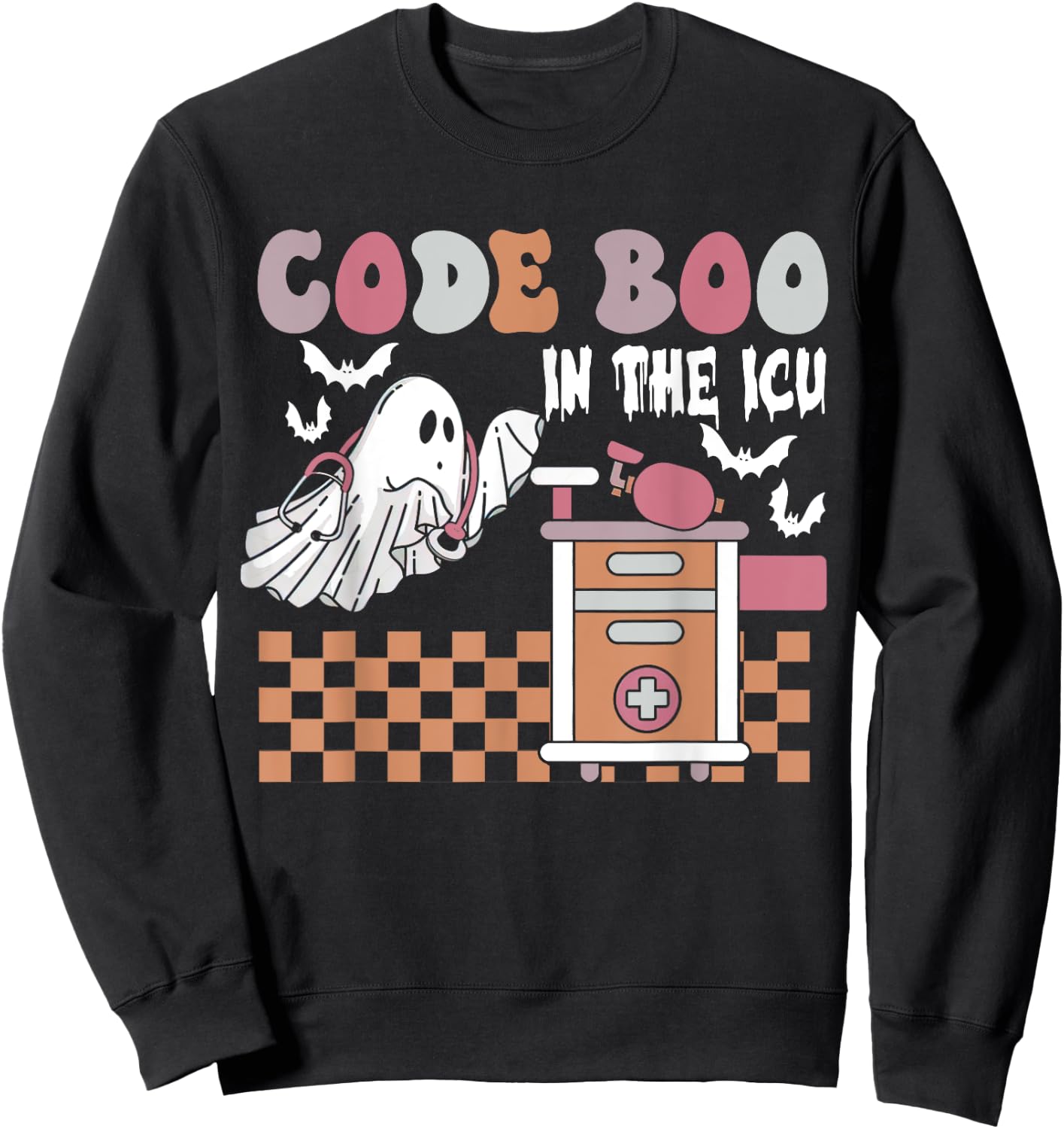 Groovy Retro Halloween ICU Nurse, Code Boo In The ICU Sweatshirt - Sweatshirt | Black