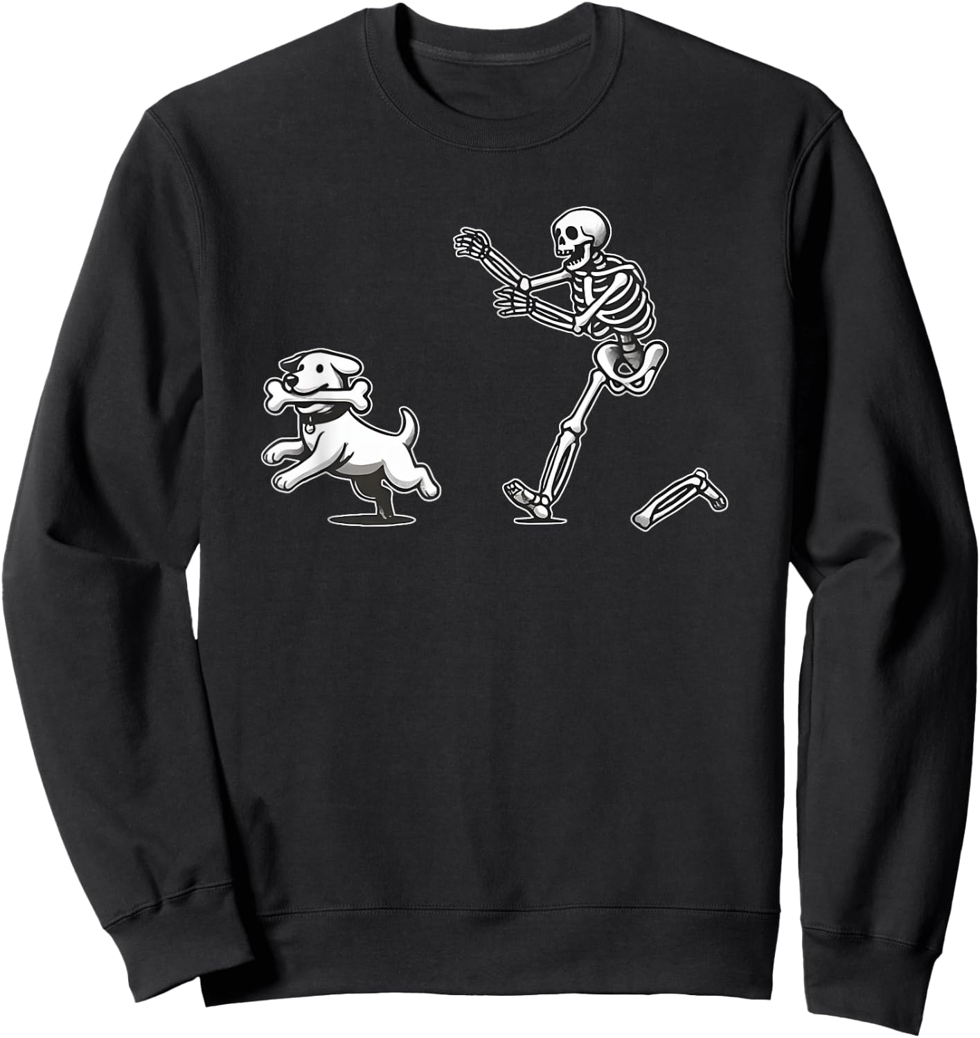 Halloween Dog, Funny Skeleton, Skeleton Chasing Dog Men Women Sweatshirt - Sweatshirt | Black