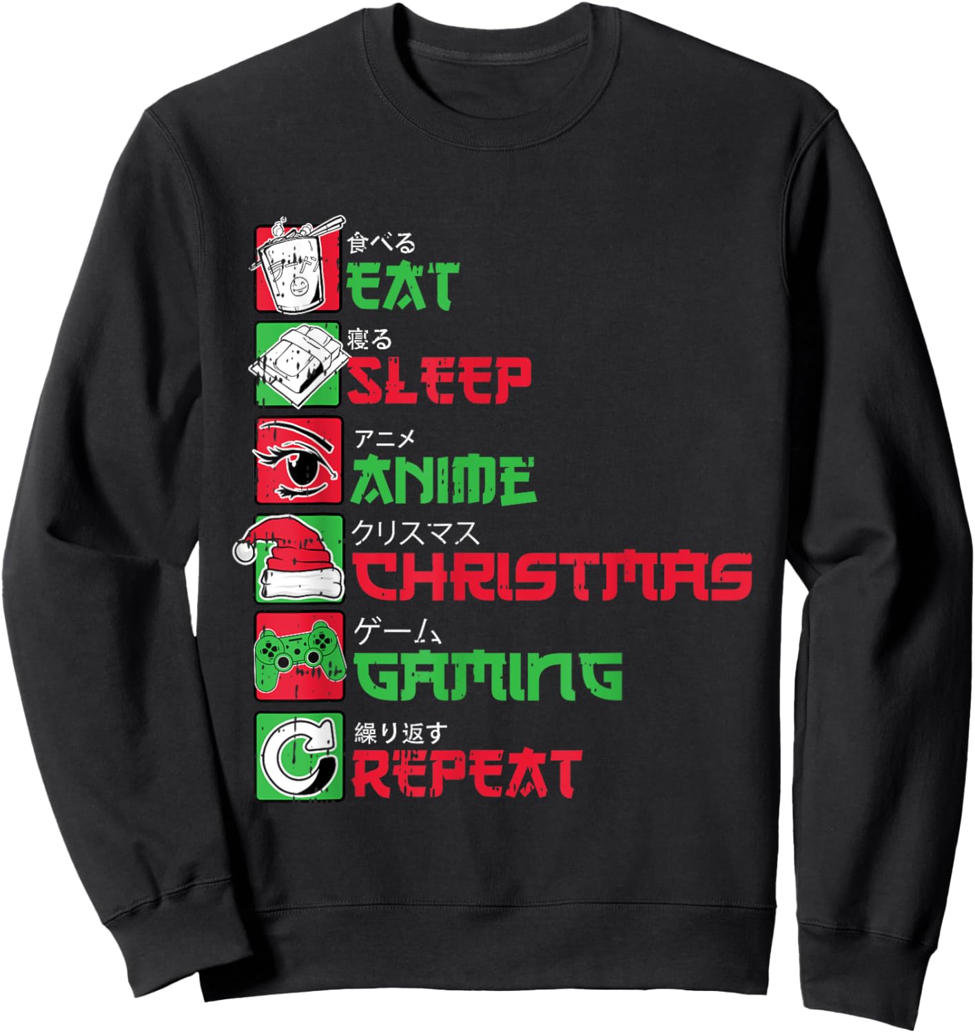 Eat Sleep Anime Gaming Christmas Pajama X-Mas Holiday Gamer Sweatshirt - Sweatshirt | Black