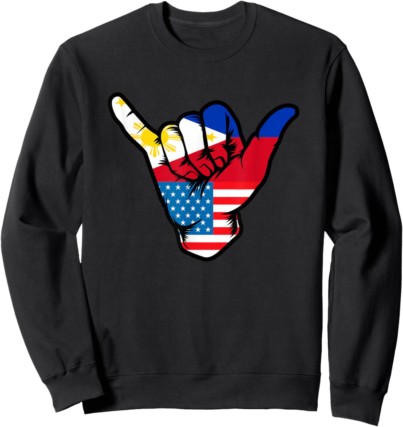 Half Filipino and American Philippines USA Flag Shaka Hand Sweatshirt - Sweatshirt | Black