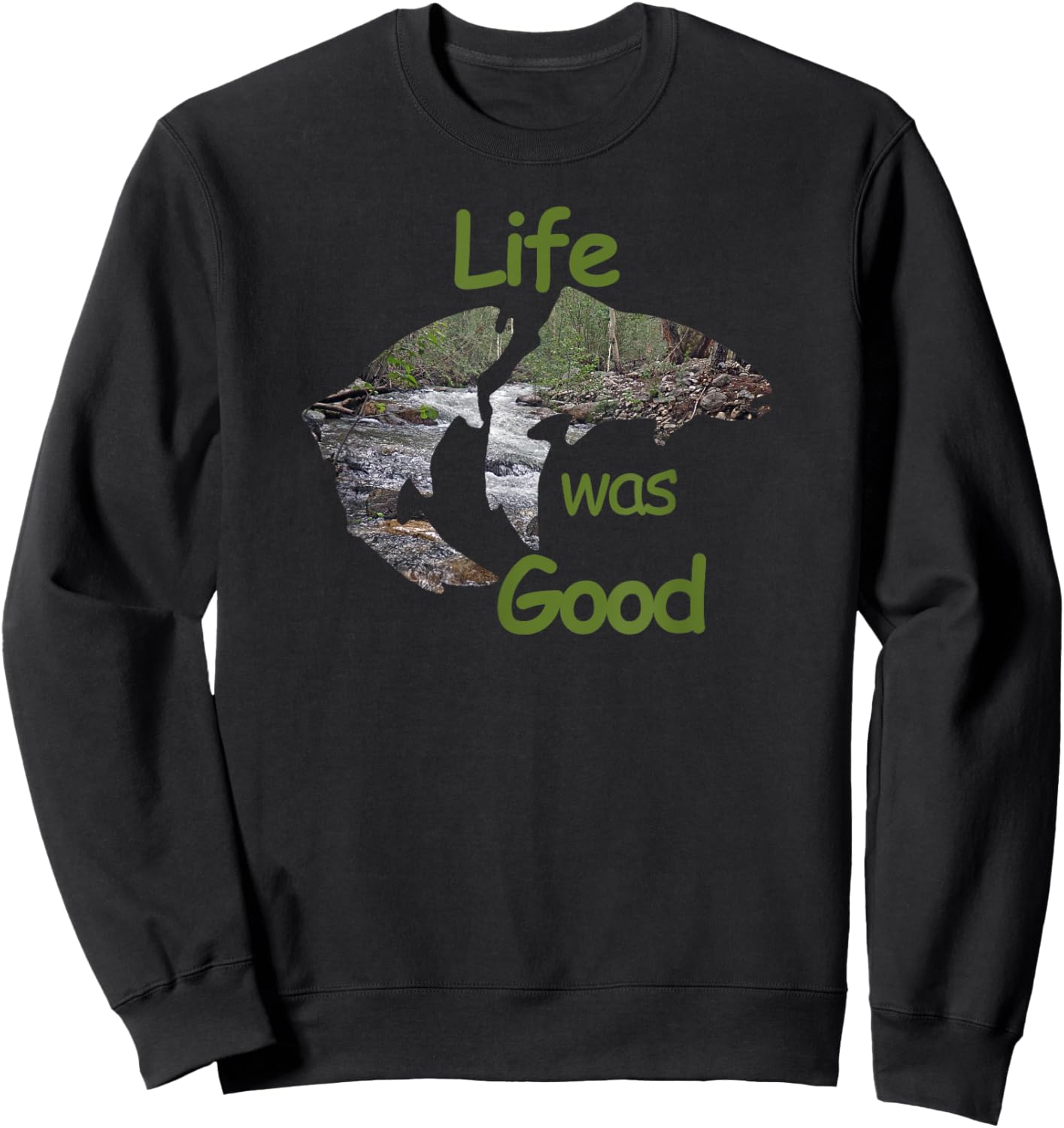 Life Was Good (LWG) Two Trout with inlay stream scene. Sweatshirt - Sweatshirt | Black