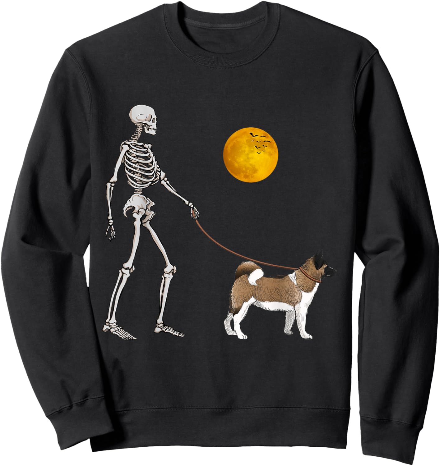 Akita Inu Skeleton Dog Walking Halloween Costume Sweatshirt - Sweatshirt | Black