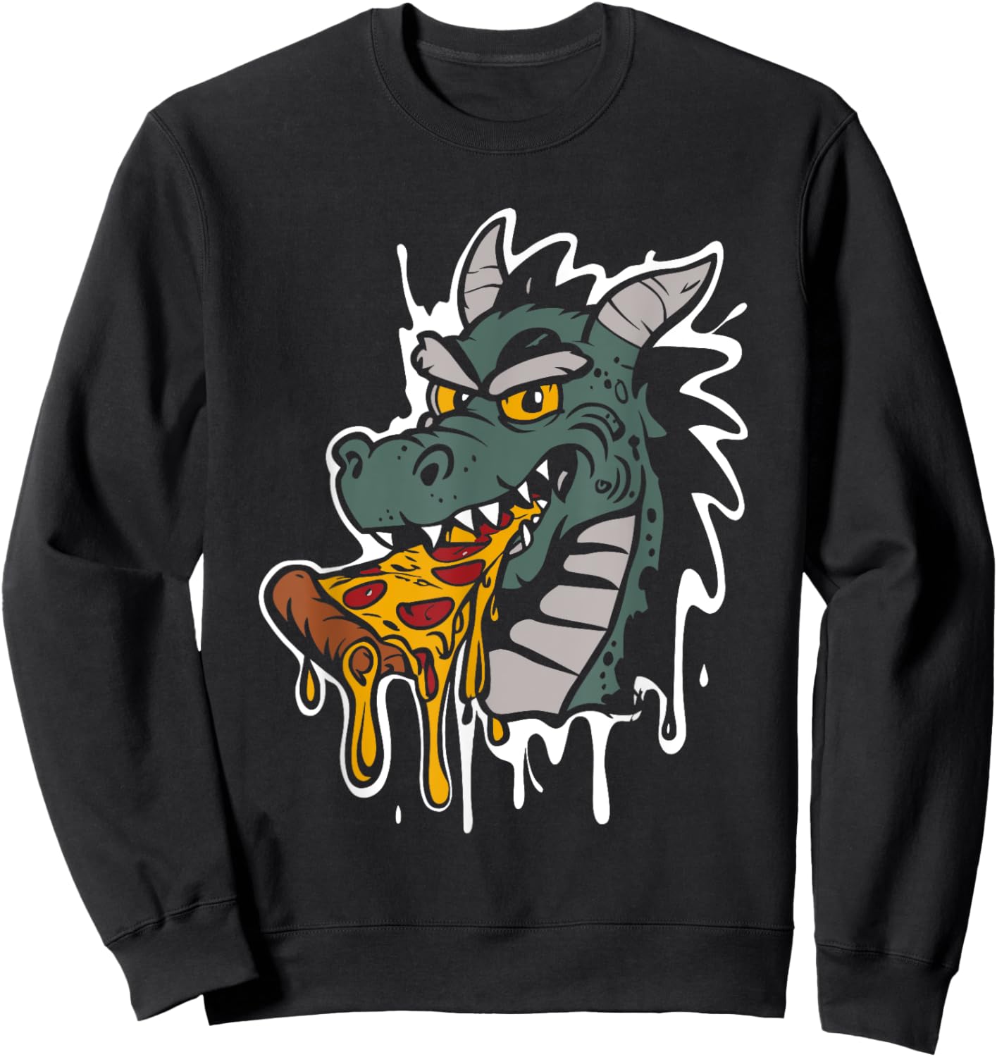 Dragon Eating Pizza - Vintage Dragon Pizza Slice Lover Sweatshirt - Sweatshirt | Black