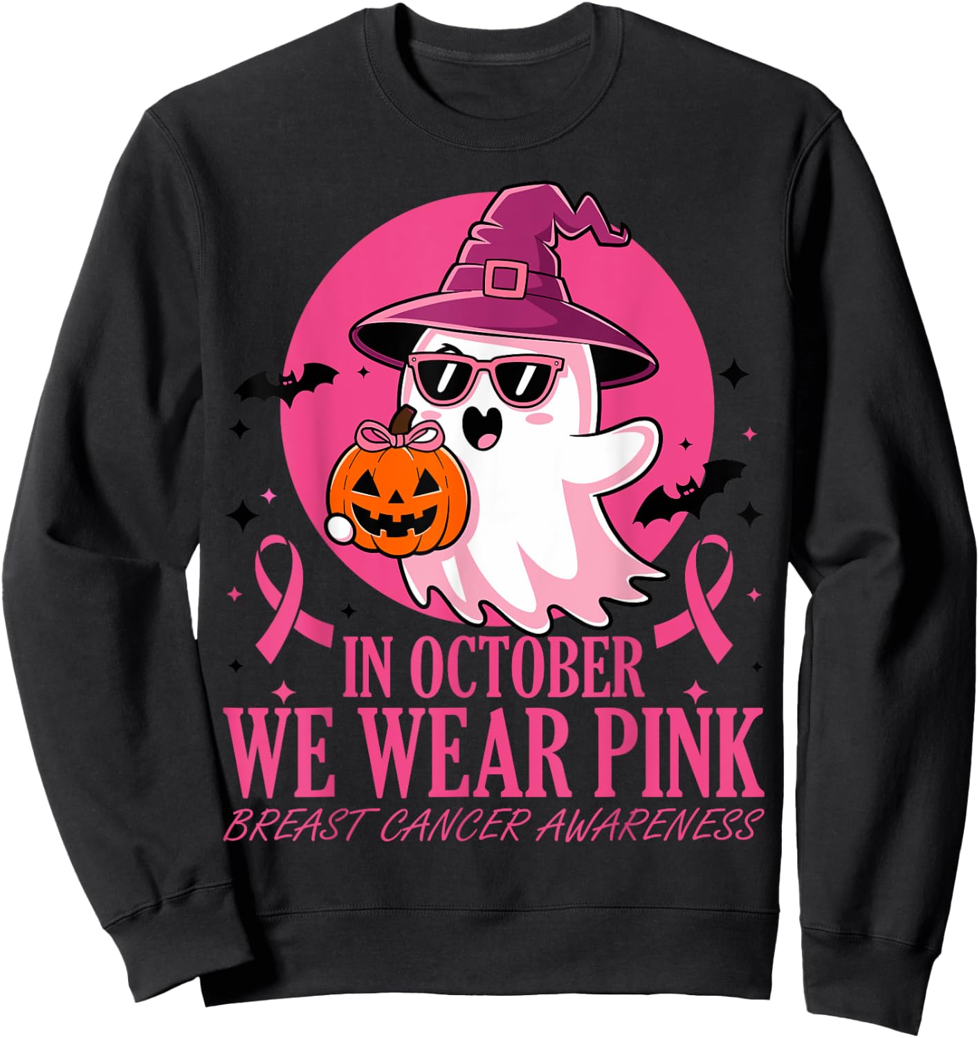 In October We Wear Pink Breast Cancer Awareness Halloween Sweatshirt - Sweatshirt | Black