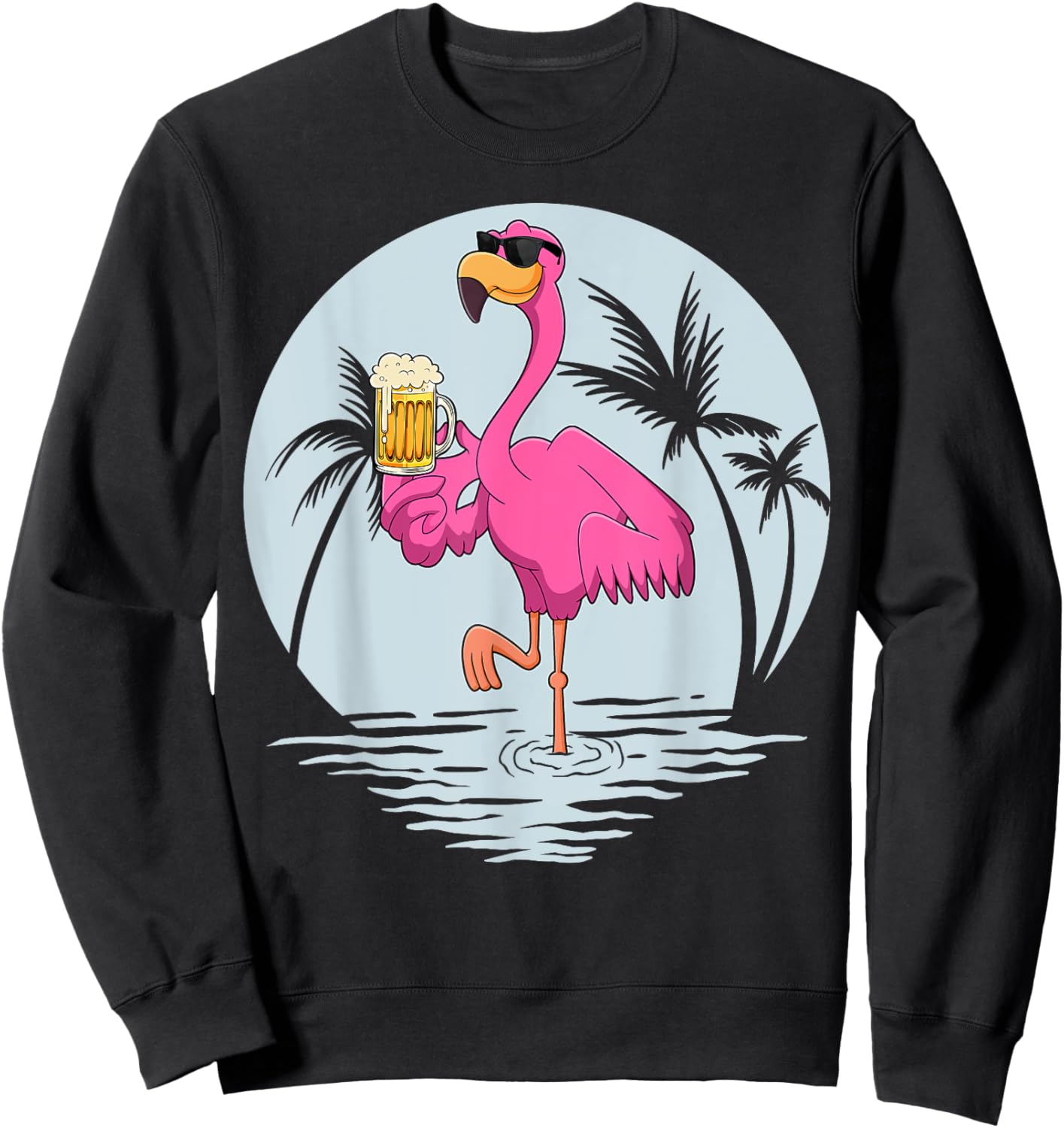 Funny Pink Flamingo Bird With Mug Of Beer Summer Vacation Sweatshirt - Sweatshirt | Black