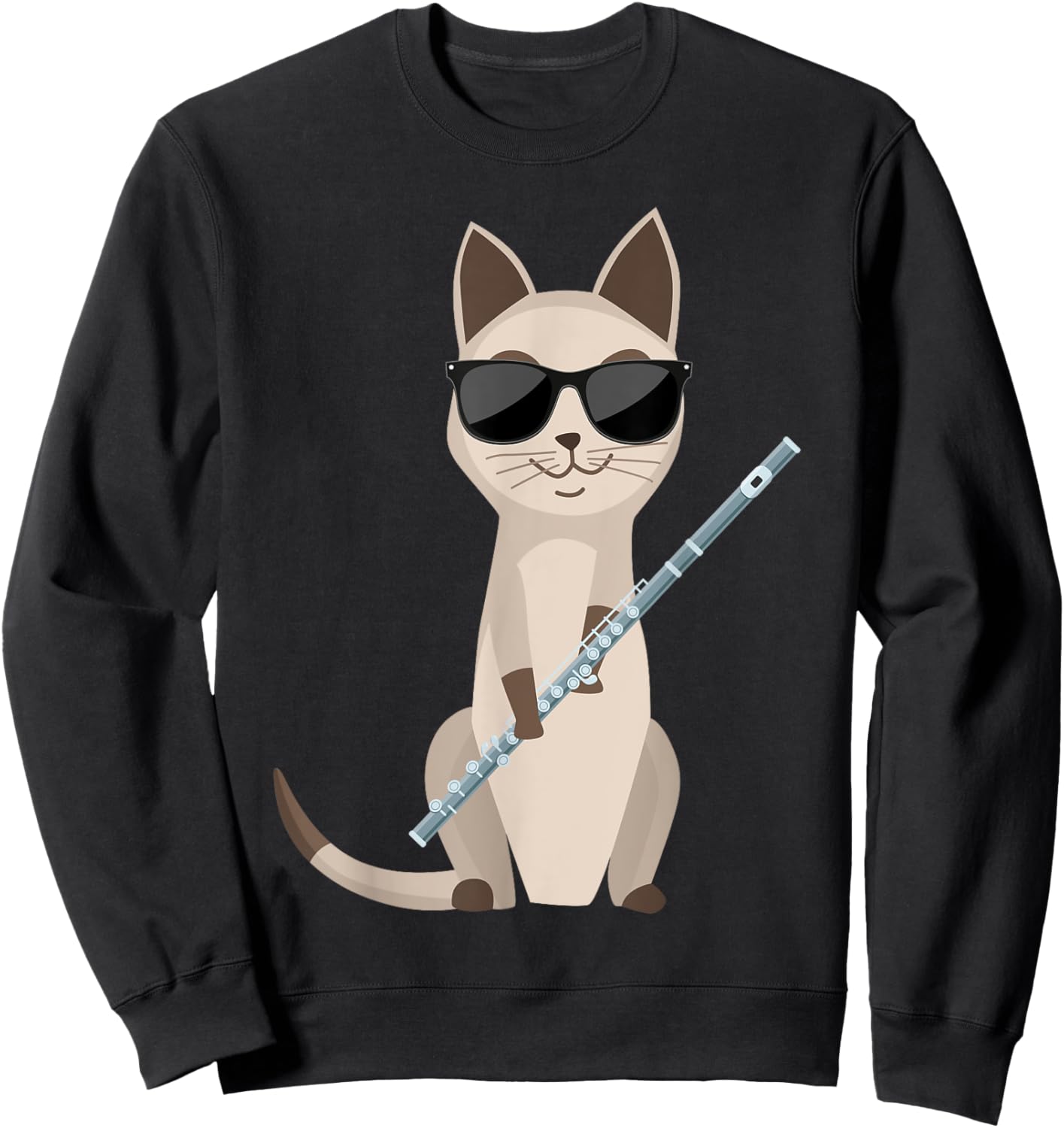 Funny Cat Wearing Sunglasses Playing Flute Flutist Cat Women Girls Kids Sweatshirt - Sweatshirt | Black