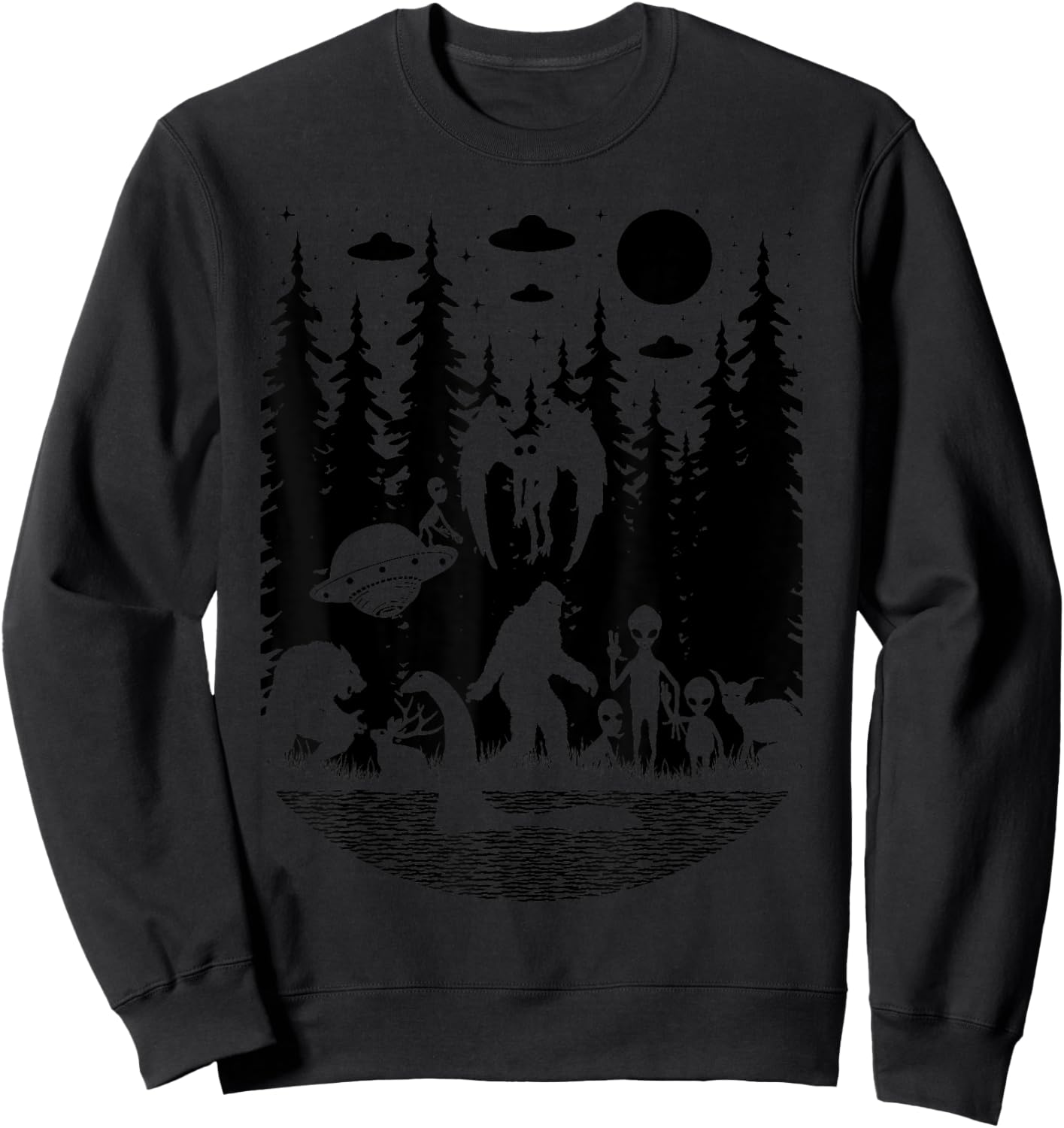 Bigfoot Loch Ness Monster Mothman And Aliens Funny Cryptid Sweatshirt - Sweatshirt | Black