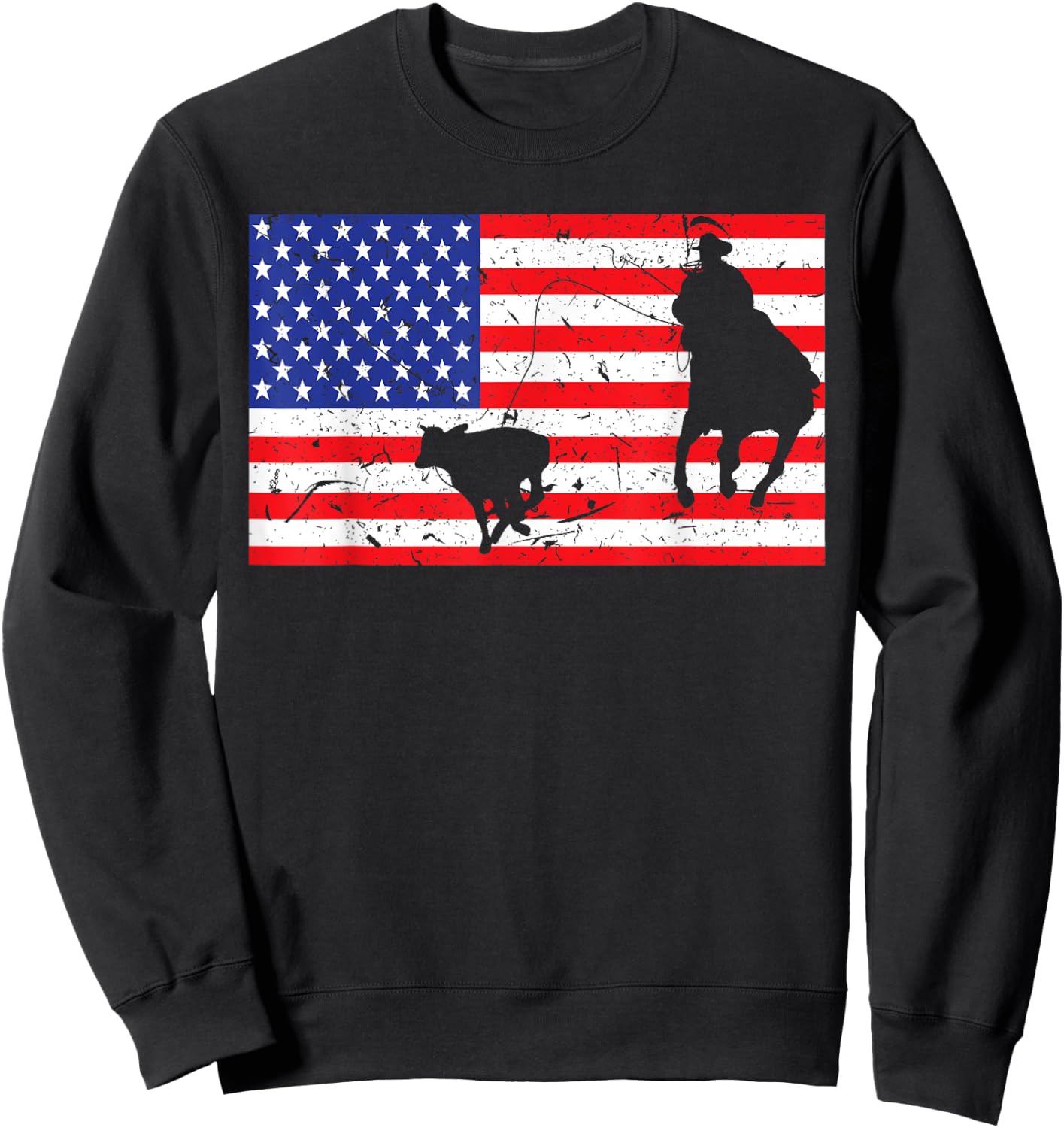 Distressed Roping USA American Flag Vintage Rodeo Calf Roper Sweatshirt - Sweatshirt | Black