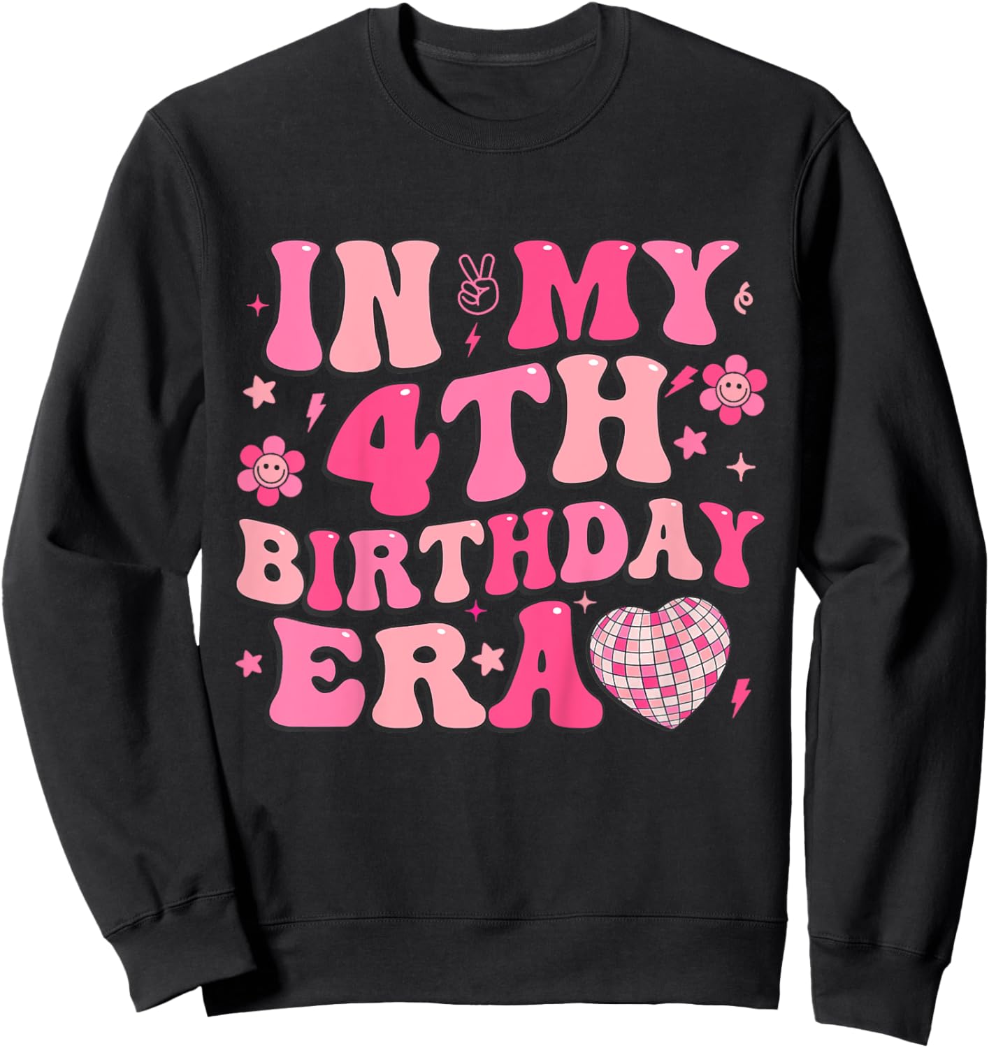 Kids Groovy In My 4th Birthday Era Four 4 Years Old Disco Heart Sweatshirt - Sweatshirt | Black