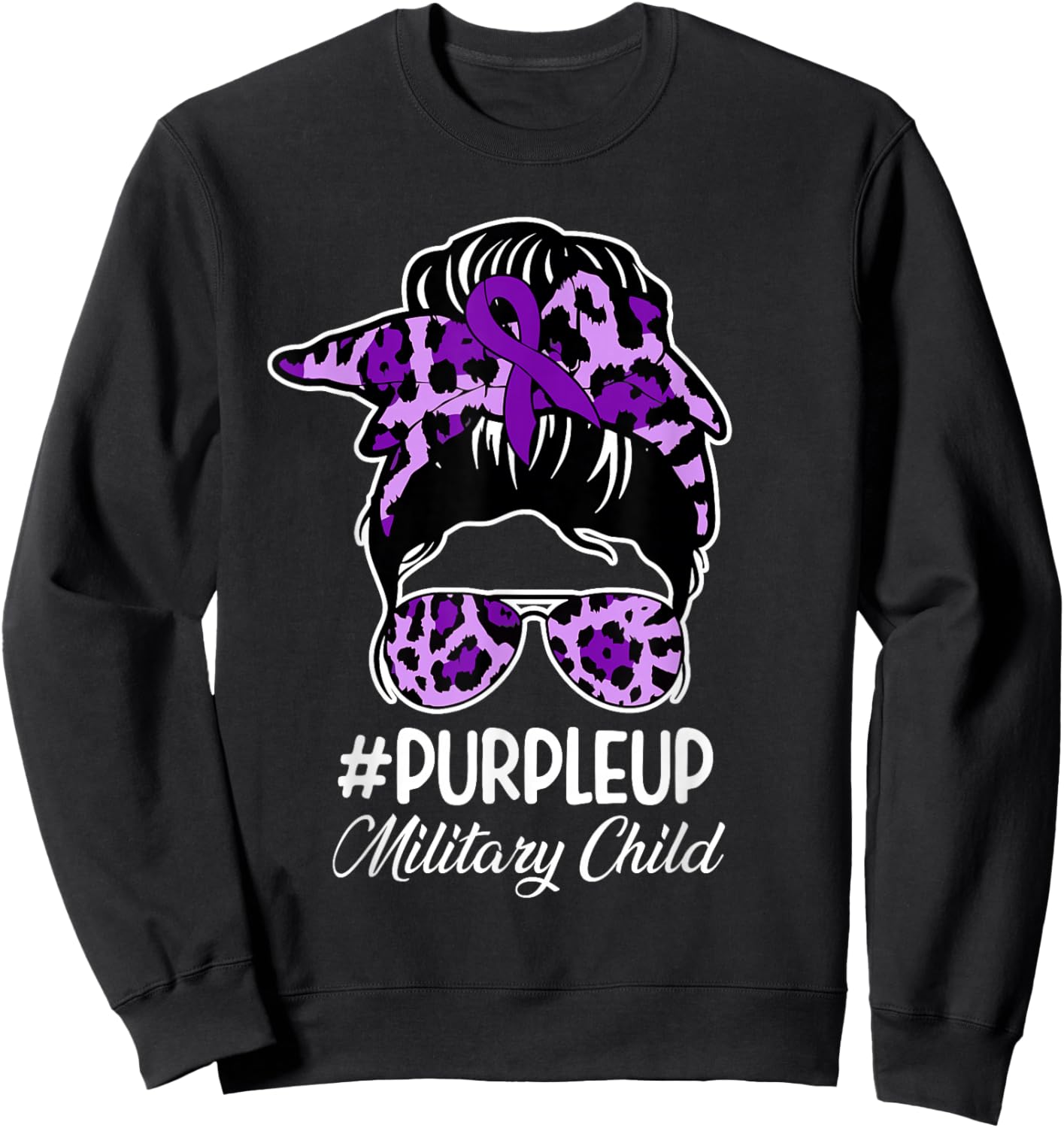 Bleached Purple Up for Military Kids Messy Bun Mom Sweatshirt - Sweatshirt | Black