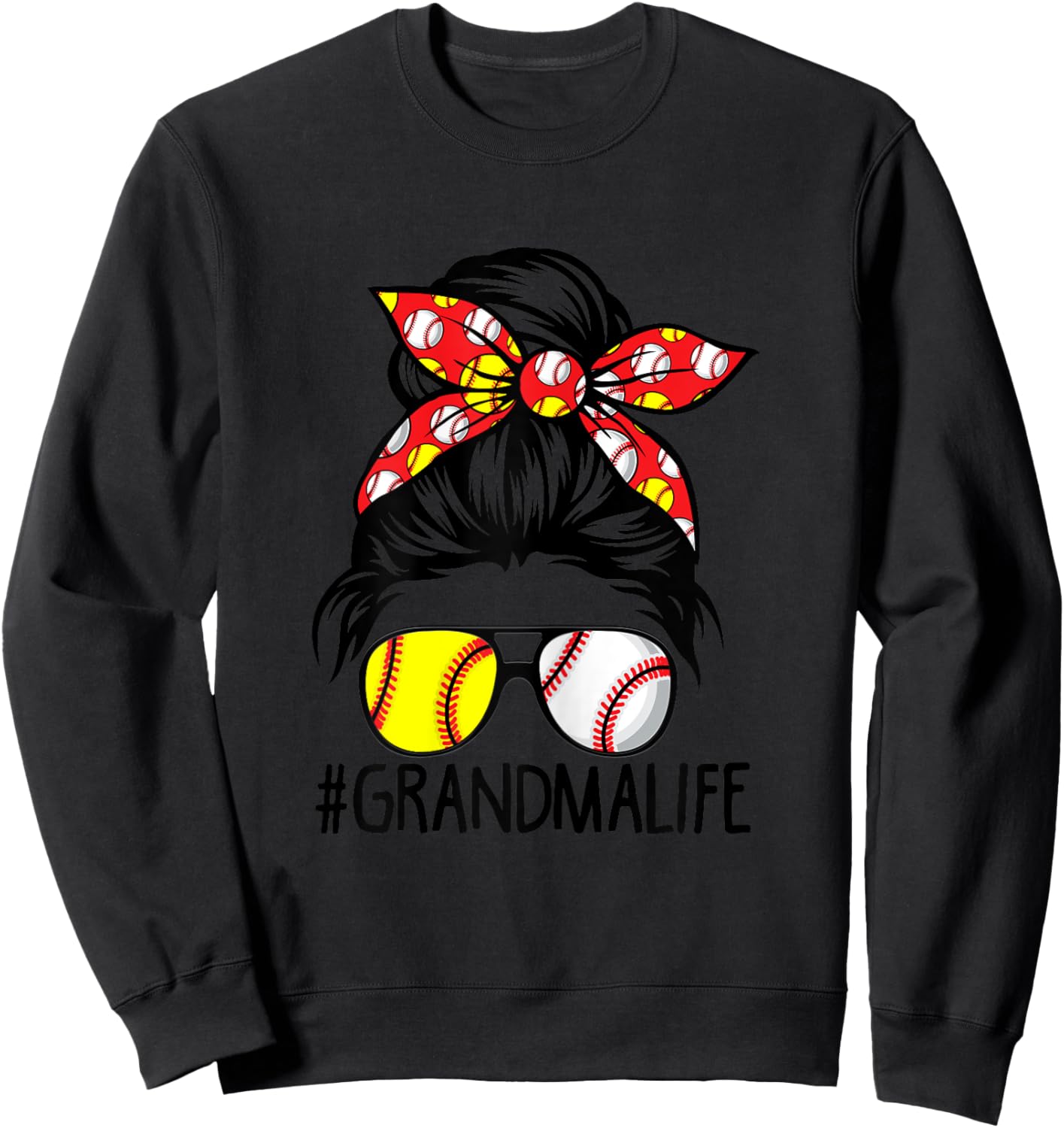 Dy Messy Bun Mothers Day Softball Baseball Grandma Life Sweatshirt - Sweatshirt | Black