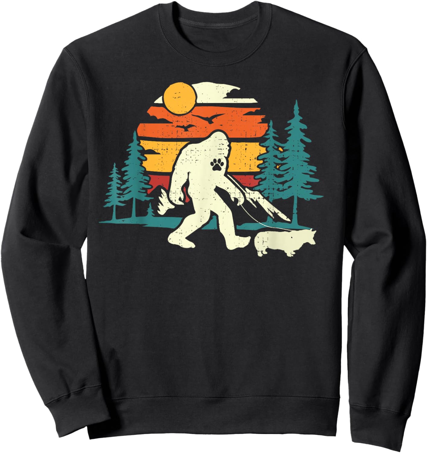 Retro Bigfoot Walking Welsh Corgi Dog Walker Sasquatch Sweatshirt - Sweatshirt | Black